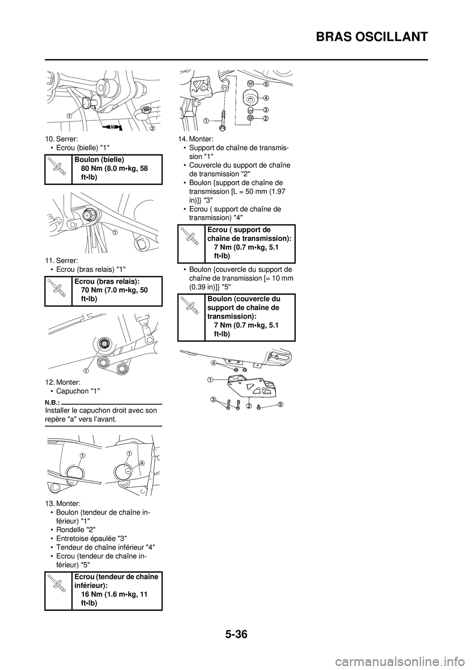 YAMAHA YZ250F 2008 Notices Demploi (in French) 5-36
BRAS OSCILLANT
10. Serrer:•Ecrou (bielle) "1"
11. Serrer: • Ecrou (bras relais) "1"
12. Monter: • Capuchon "1"
Installer le capuchon droit avec son
repère "a" vers l’avant.
13. Monter:â YAMAHA YZ250F 2008 Notices Demploi (in French) 5-36
BRAS OSCILLANT
10. Serrer:•Ecrou (bielle) "1"
11. Serrer: • Ecrou (bras relais) "1"
12. Monter: • Capuchon "1"
Installer le capuchon droit avec son
repère "a" vers l’avant.
13. Monter:â