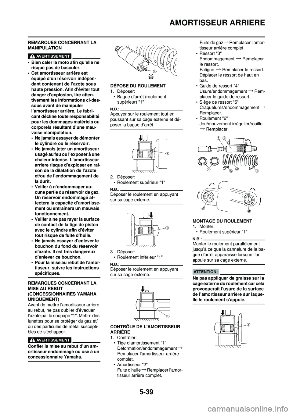 YAMAHA YZ250F 2008 Notices Demploi (in French) 5-39
AMORTISSEUR ARRIERE
REMARQUES CONCERNANT LA
MANIPULATION
• Bien caler la moto afin qu’elle ne risque pas de basculer.
• Cet amortisseur arrière est équipé d’un réservoir indépen-
d YAMAHA YZ250F 2008 Notices Demploi (in French) 5-39
AMORTISSEUR ARRIERE
REMARQUES CONCERNANT LA
MANIPULATION
• Bien caler la moto afin qu’elle ne risque pas de basculer.
• Cet amortisseur arrière est équipé d’un réservoir indépen-
d