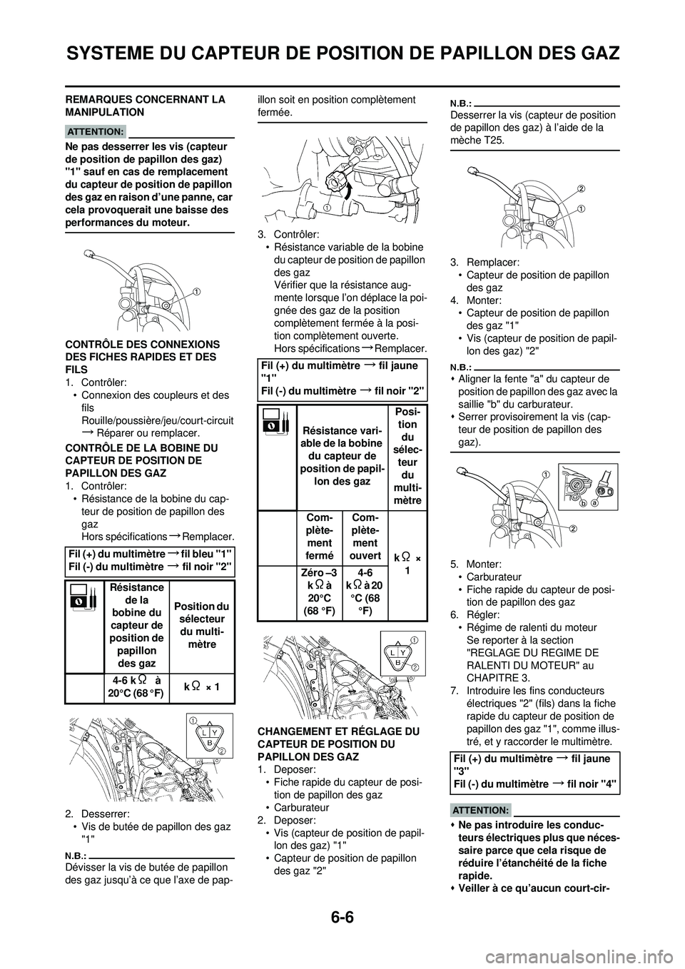 YAMAHA YZ250F 2008 Notices Demploi (in French) 6-6
SYSTEME DU CAPTEUR DE POSITION DE PAPILLON DES GAZ
REMARQUES CONCERNANT LA
MANIPULATION
Ne pas desserrer les vis (capteur
de position de papillon des gaz)
"1" sauf en cas de remplacement
du ca YAMAHA YZ250F 2008 Notices Demploi (in French) 6-6
SYSTEME DU CAPTEUR DE POSITION DE PAPILLON DES GAZ
REMARQUES CONCERNANT LA
MANIPULATION
Ne pas desserrer les vis (capteur
de position de papillon des gaz)
"1" sauf en cas de remplacement
du ca