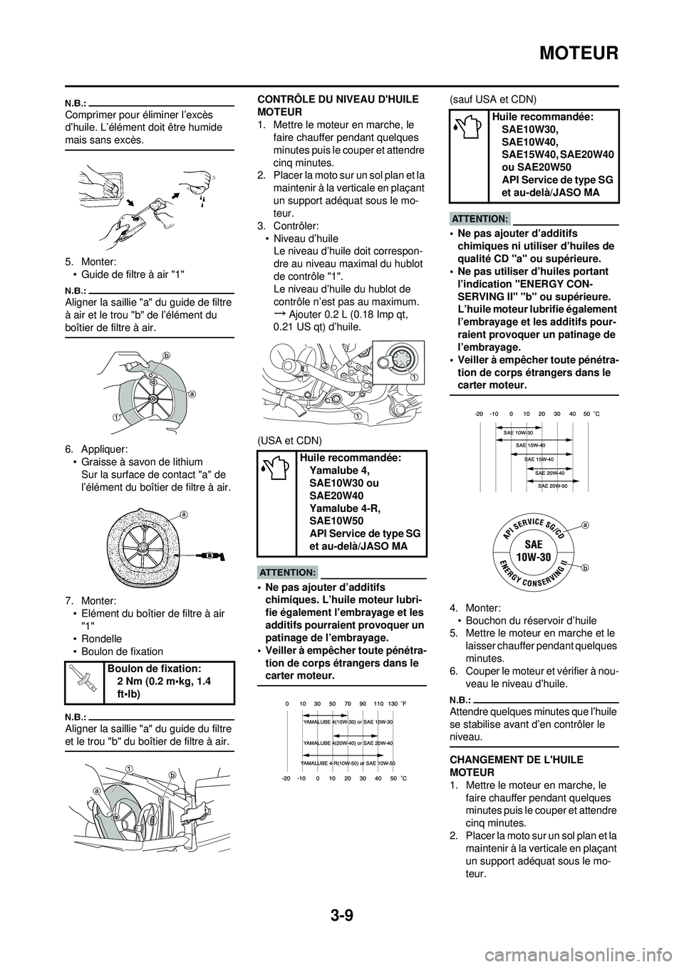 YAMAHA YZ250F 2008 Notices Demploi (in French) 3-9
MOTEUR
Comprimer pour éliminer l’excès
d’huile. L’élément doit être humide
mais sans excès.
5. Monter:• Guide de filtre à air "1"
Aligner la saillie "a" du guide de filtre
à air YAMAHA YZ250F 2008 Notices Demploi (in French) 3-9
MOTEUR
Comprimer pour éliminer l’excès
d’huile. L’élément doit être humide
mais sans excès.
5. Monter:• Guide de filtre à air "1"
Aligner la saillie "a" du guide de filtre
à air