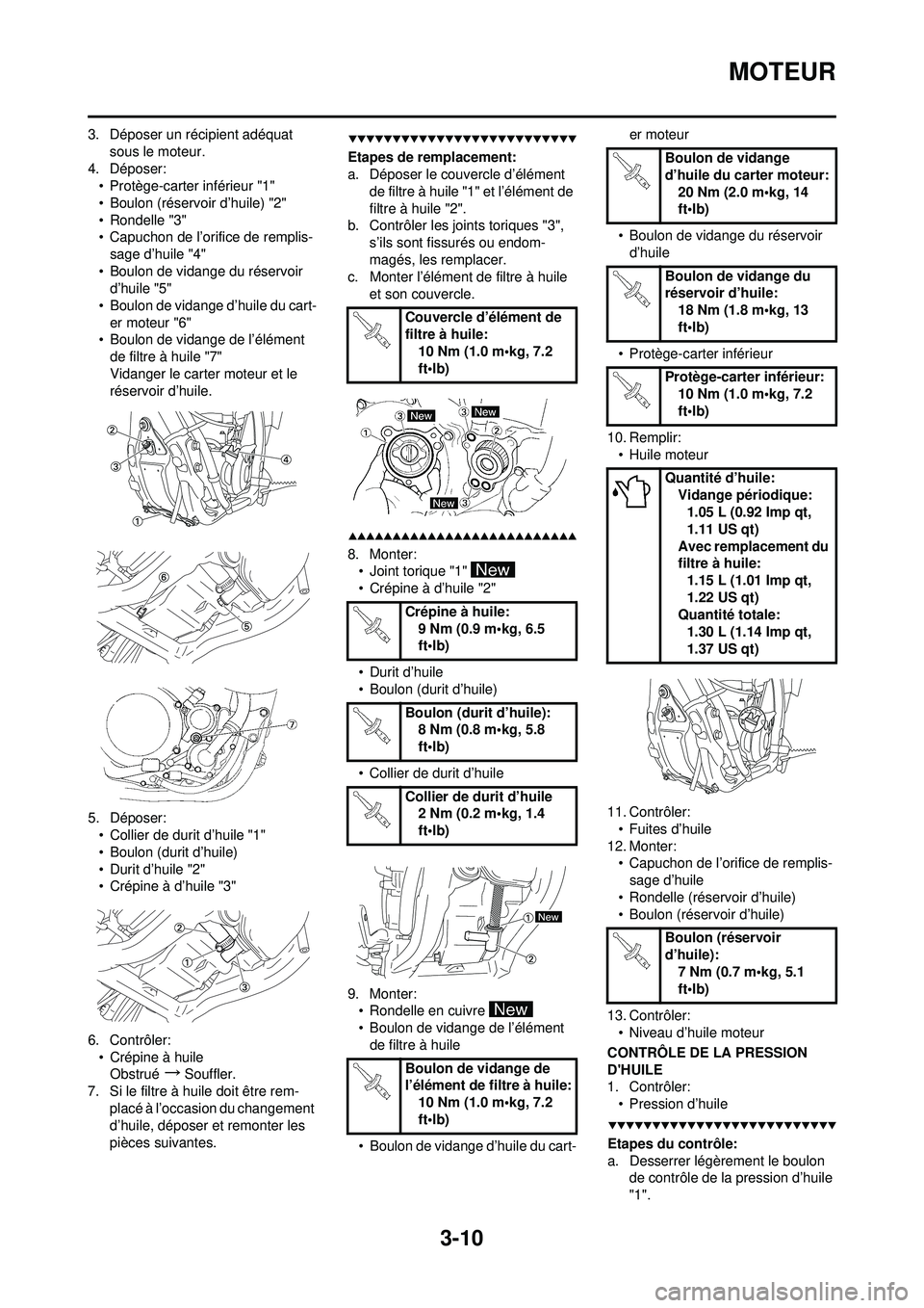 YAMAHA YZ250F 2008 Notices Demploi (in French) 3-10
MOTEUR
3. Déposer un récipient adéquat sous le moteur.
4. Déposer: • Protège-carter inférieur "1"
• Boulon (réservoir d’huile) "2"
• Rondelle "3"
• Capuchon de l’orifice de rem YAMAHA YZ250F 2008 Notices Demploi (in French) 3-10
MOTEUR
3. Déposer un récipient adéquat sous le moteur.
4. Déposer: • Protège-carter inférieur "1"
• Boulon (réservoir d’huile) "2"
• Rondelle "3"
• Capuchon de l’orifice de rem