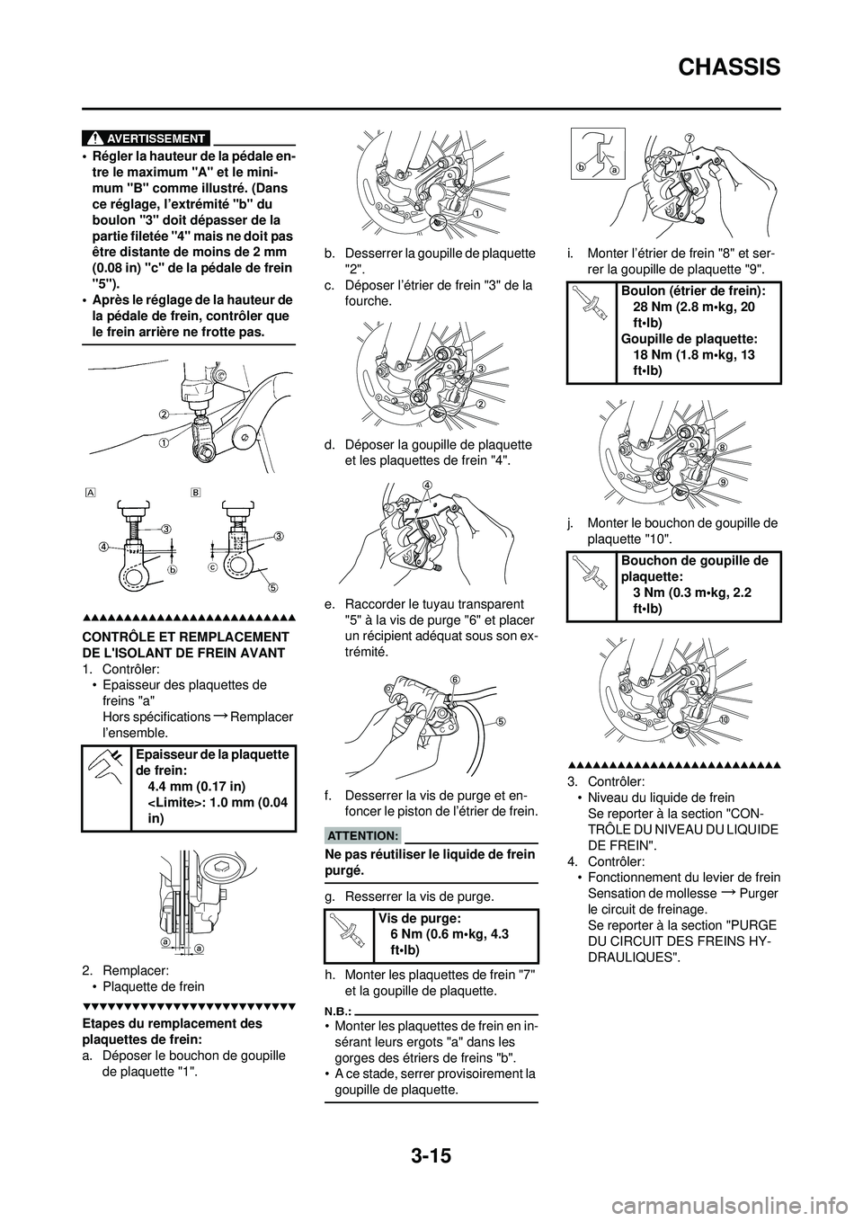 YAMAHA YZ250F 2008 Notices Demploi (in French) 3-15
CHASSIS
• Régler la hauteur de la pédale en-tre le maximum "A" et le mini-
mum "B" comme illustré. (Dans
ce réglage, l’extrémité "b" du
boulon "3" doit dépasser de la
partie fileté YAMAHA YZ250F 2008 Notices Demploi (in French) 3-15
CHASSIS
• Régler la hauteur de la pédale en-tre le maximum "A" et le mini-
mum "B" comme illustré. (Dans
ce réglage, l’extrémité "b" du
boulon "3" doit dépasser de la
partie fileté