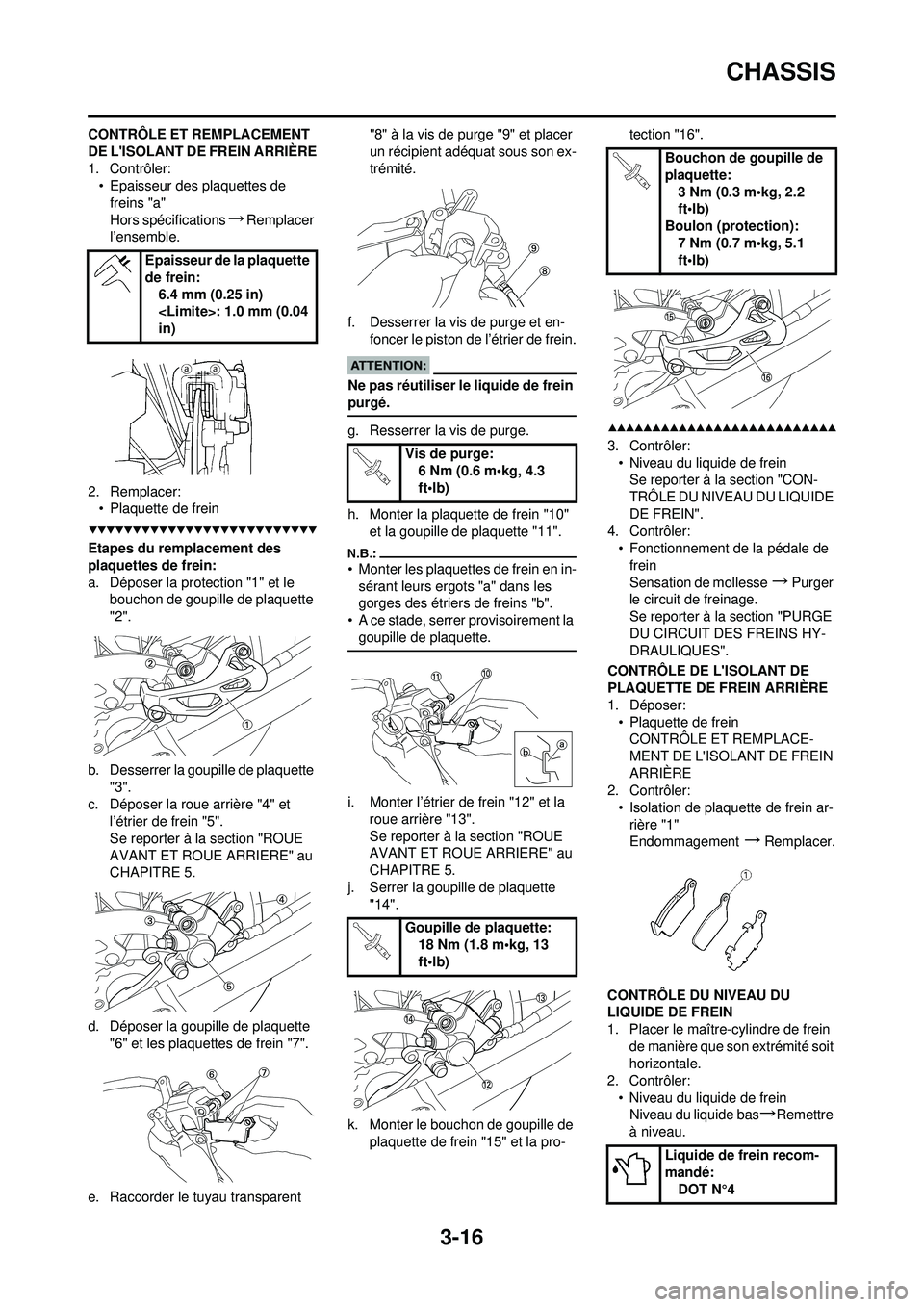YAMAHA YZ250F 2008 Notices Demploi (in French) 3-16
CHASSIS
CONTRÔLE ET REMPLACEMENT
DE LISOLANT DE FREIN ARRIÈRE
1. Contrôler:• Epaisseur des plaquettes de
freins "a"
Hors spécifications
→Remplacer
l’ensemble.
2. Remplacer: • Plaq YAMAHA YZ250F 2008 Notices Demploi (in French) 3-16
CHASSIS
CONTRÔLE ET REMPLACEMENT
DE LISOLANT DE FREIN ARRIÈRE
1. Contrôler:• Epaisseur des plaquettes de
freins "a"
Hors spécifications
→Remplacer
l’ensemble.
2. Remplacer: • Plaq