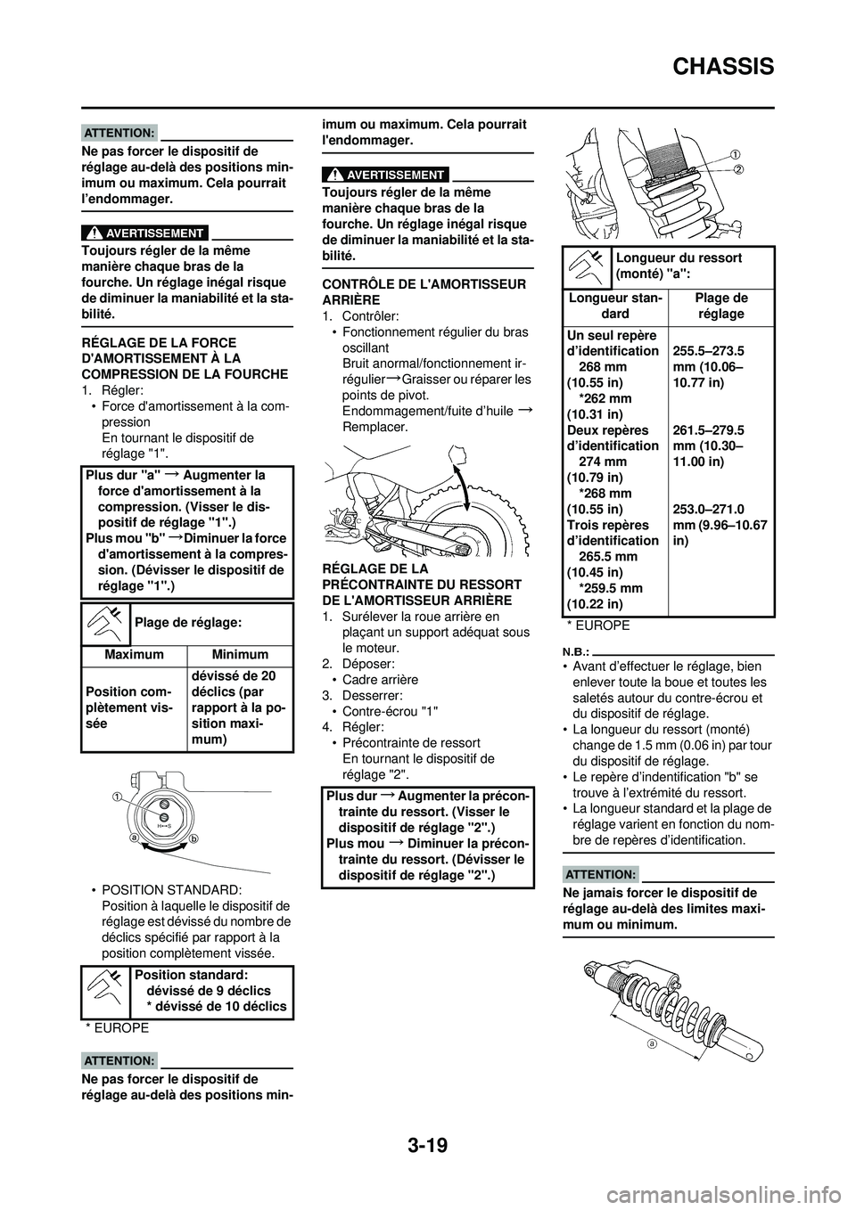 YAMAHA YZ250F 2008 Notices Demploi (in French) 3-19
CHASSIS
Ne pas forcer le dispositif de
réglage au-delà des positions min-
imum ou maximum. Cela pourrait
l’endommager.
Toujours régler de la même
manière chaque bras de la
fourche. Un YAMAHA YZ250F 2008 Notices Demploi (in French) 3-19
CHASSIS
Ne pas forcer le dispositif de
réglage au-delà des positions min-
imum ou maximum. Cela pourrait
l’endommager.
Toujours régler de la même
manière chaque bras de la
fourche. Un