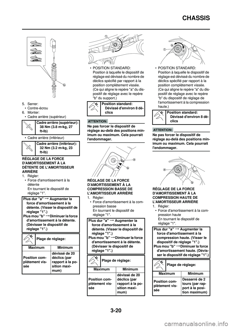 YAMAHA YZ250F 2008 Notices Demploi (in French) 3-20
CHASSIS
5. Serrer:• Contre-écrou
6. Monter: • Cadre arrière (supérieur)
• Cadre arrière (inférieur)
RÉGLAGE DE LA FORCE
DAMORTISSEMENT À LA
DÉTENTE DE LAMORTISSEUR
ARRIÈRE
1. YAMAHA YZ250F 2008 Notices Demploi (in French) 3-20
CHASSIS
5. Serrer:• Contre-écrou
6. Monter: • Cadre arrière (supérieur)
• Cadre arrière (inférieur)
RÉGLAGE DE LA FORCE
DAMORTISSEMENT À LA
DÉTENTE DE LAMORTISSEUR
ARRIÈRE
1.