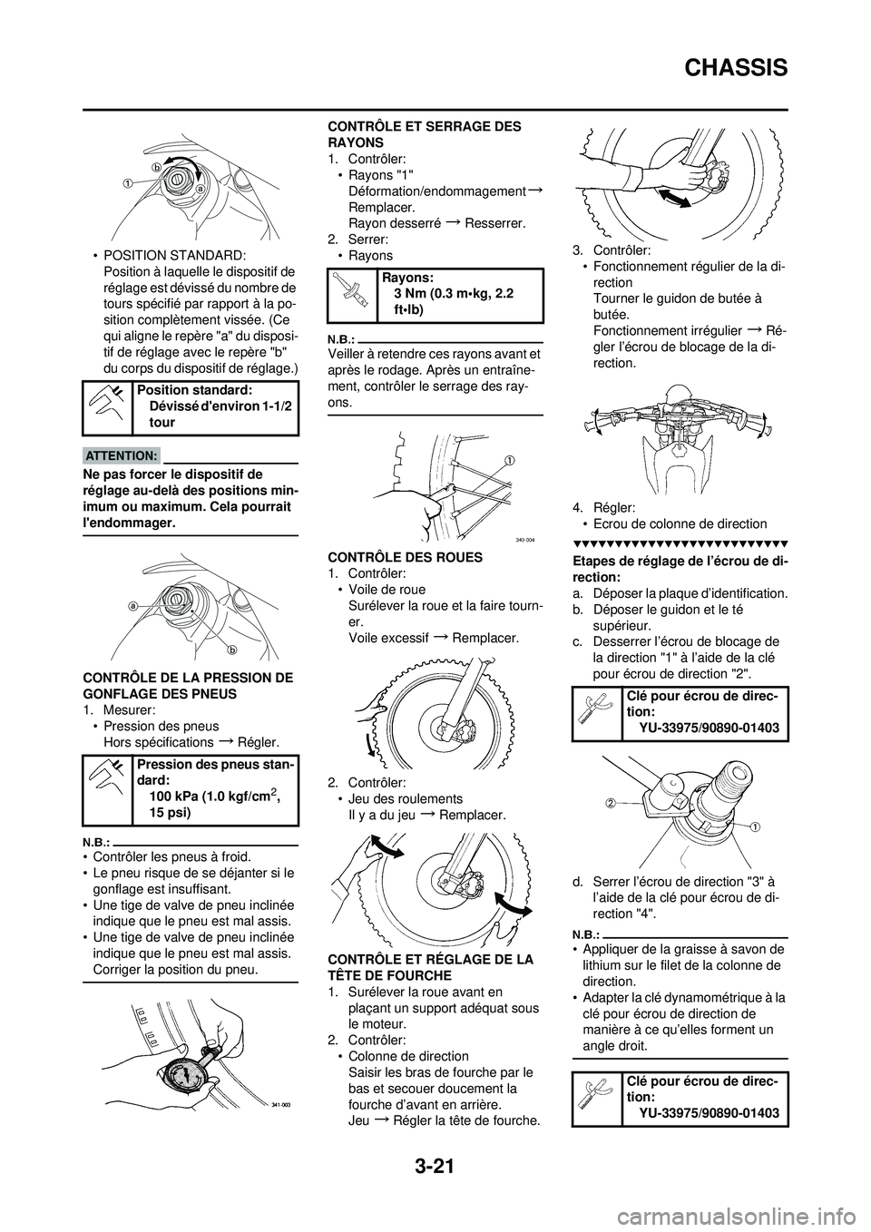 YAMAHA YZ250F 2008 Notices Demploi (in French) 3-21
CHASSIS
• POSITION STANDARD:Position à laquelle le dispositif de
réglage est dévissé du nombre de
tours spécifié par rapport à la po-
sition complètement vissée. (Ce
qui aligne le r YAMAHA YZ250F 2008 Notices Demploi (in French) 3-21
CHASSIS
• POSITION STANDARD:Position à laquelle le dispositif de
réglage est dévissé du nombre de
tours spécifié par rapport à la po-
sition complètement vissée. (Ce
qui aligne le r