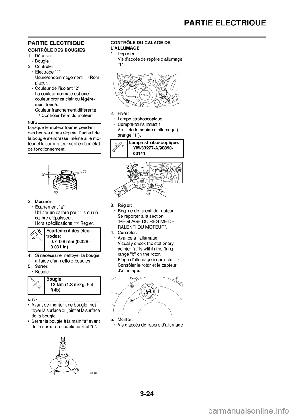 YAMAHA YZ250F 2008 Notices Demploi (in French) 3-24
PARTIE ELECTRIQUE
PARTIE ELECTRIQUE
CONTRÔLE DES BOUGIES
1. Déposer:• Bougie
2. Contrôler:
• Electrode "1"Usure/endommagement
→Rem-
placer.
• Couleur de l’isolant "2" La couleur norm YAMAHA YZ250F 2008 Notices Demploi (in French) 3-24
PARTIE ELECTRIQUE
PARTIE ELECTRIQUE
CONTRÔLE DES BOUGIES
1. Déposer:• Bougie
2. Contrôler:
• Electrode "1"Usure/endommagement
→Rem-
placer.
• Couleur de l’isolant "2" La couleur norm