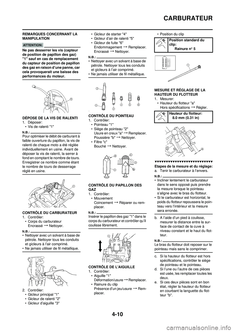 YAMAHA YZ250F 2008 Notices Demploi (in French) 4-10
CARBURATEUR
REMARQUES CONCERNANT LA
MANIPULATION
Ne pas desserrer les vis (capteur
de position de papillon des gaz)
"1" sauf en cas de remplacement
du capteur de position de papillon
des gaz YAMAHA YZ250F 2008 Notices Demploi (in French) 4-10
CARBURATEUR
REMARQUES CONCERNANT LA
MANIPULATION
Ne pas desserrer les vis (capteur
de position de papillon des gaz)
"1" sauf en cas de remplacement
du capteur de position de papillon
des gaz