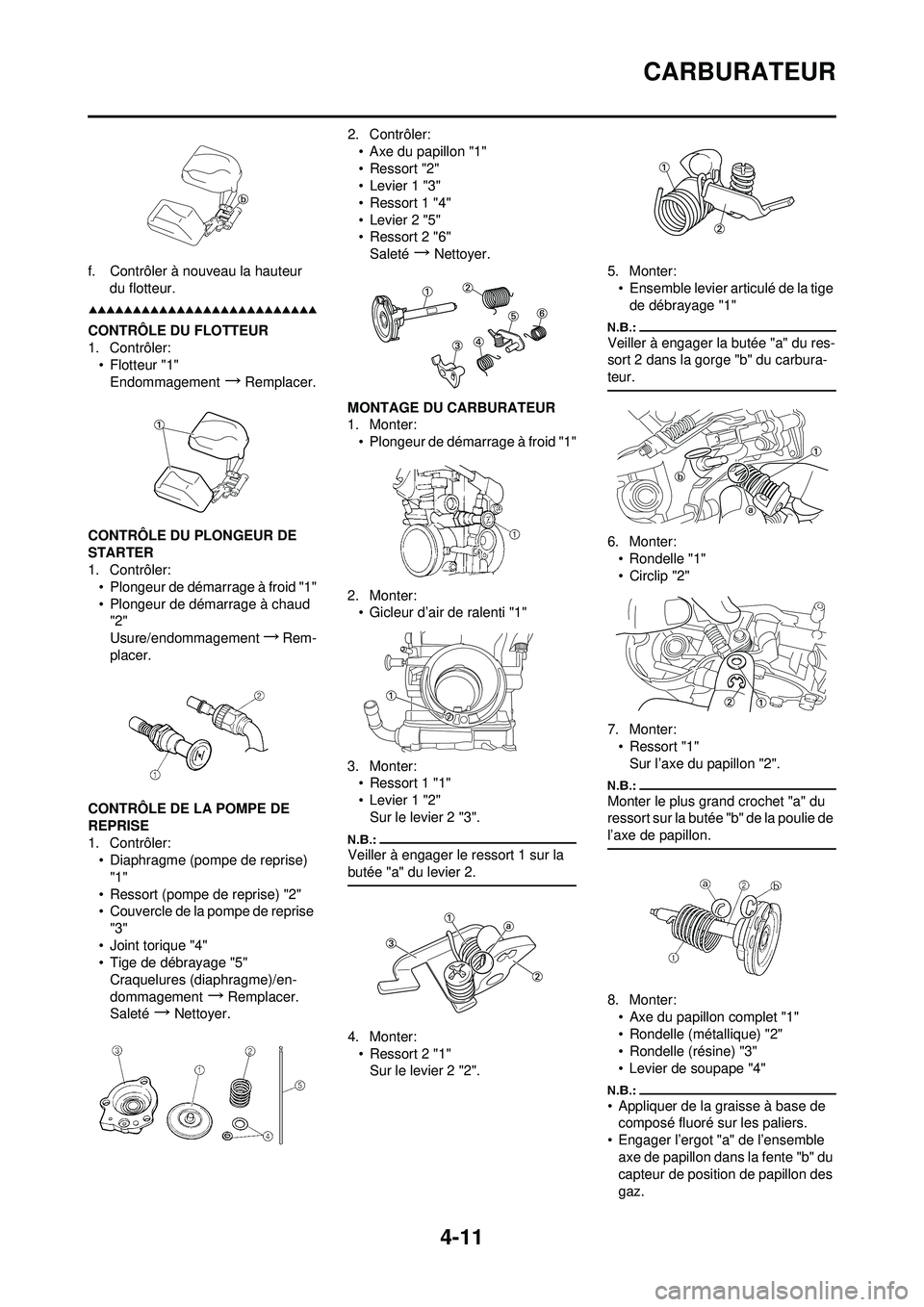 YAMAHA YZ250F 2008 Notices Demploi (in French) 4-11
CARBURATEUR
f. Contrôler à nouveau la hauteur du flotteur.
CONTRÔLE DU FLOTTEUR
1. Contrôler:• Flotteur "1"Endommagement
→Remplacer.
CONTRÔLE DU PLONGEUR DE
STARTER
1. Contrôler: • P YAMAHA YZ250F 2008 Notices Demploi (in French) 4-11
CARBURATEUR
f. Contrôler à nouveau la hauteur du flotteur.
CONTRÔLE DU FLOTTEUR
1. Contrôler:• Flotteur "1"Endommagement
→Remplacer.
CONTRÔLE DU PLONGEUR DE
STARTER
1. Contrôler: • P