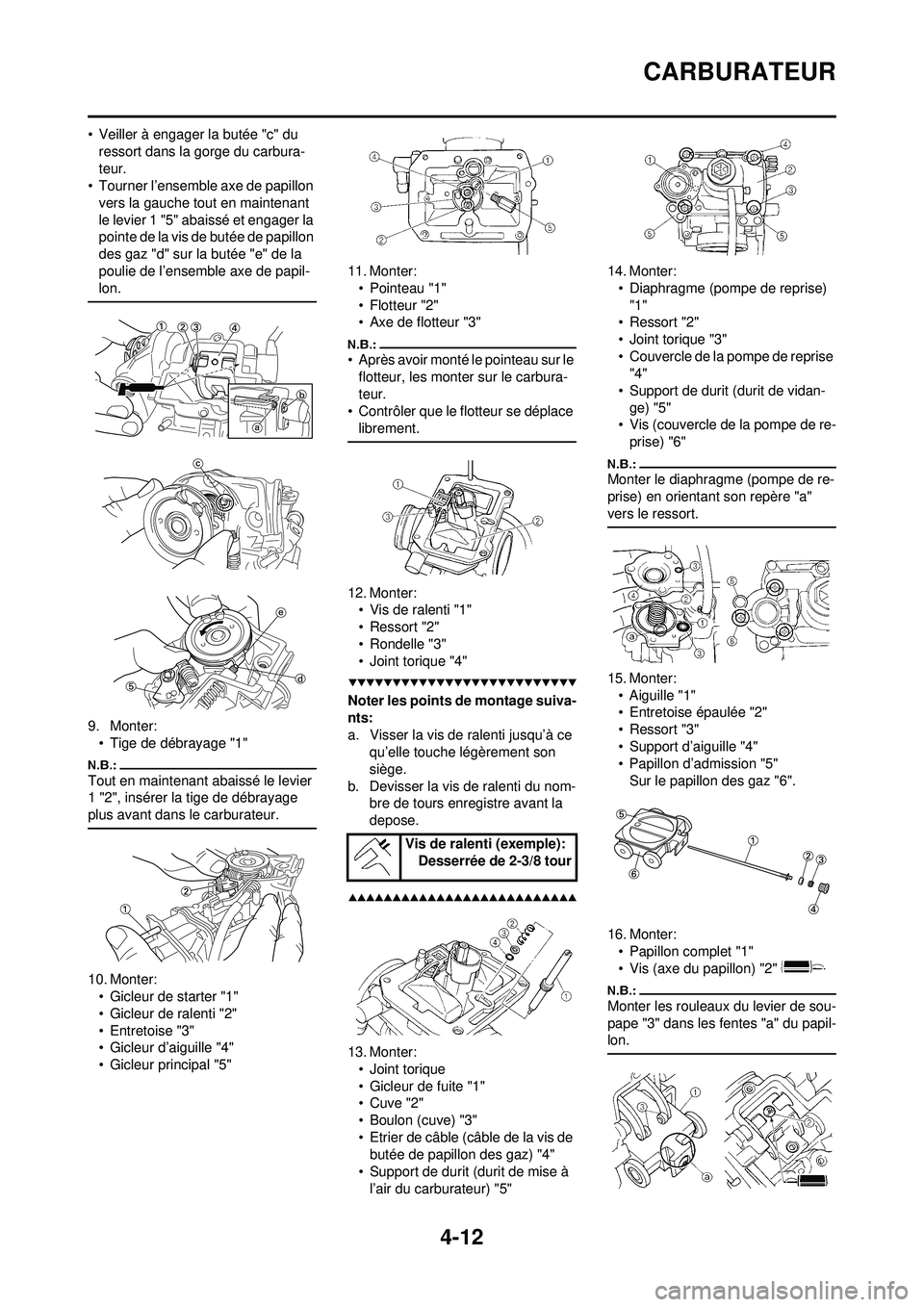 YAMAHA YZ250F 2008 Notices Demploi (in French) 4-12
CARBURATEUR
• Veiller à engager la butée "c" du ressort dans la gorge du carbura-
teur.
• Tourner l’ensemble axe de papillon
vers la gauche tout en maintenant
le levier 1 "5" abaissé e YAMAHA YZ250F 2008 Notices Demploi (in French) 4-12
CARBURATEUR
• Veiller à engager la butée "c" du ressort dans la gorge du carbura-
teur.
• Tourner l’ensemble axe de papillon
vers la gauche tout en maintenant
le levier 1 "5" abaissé e