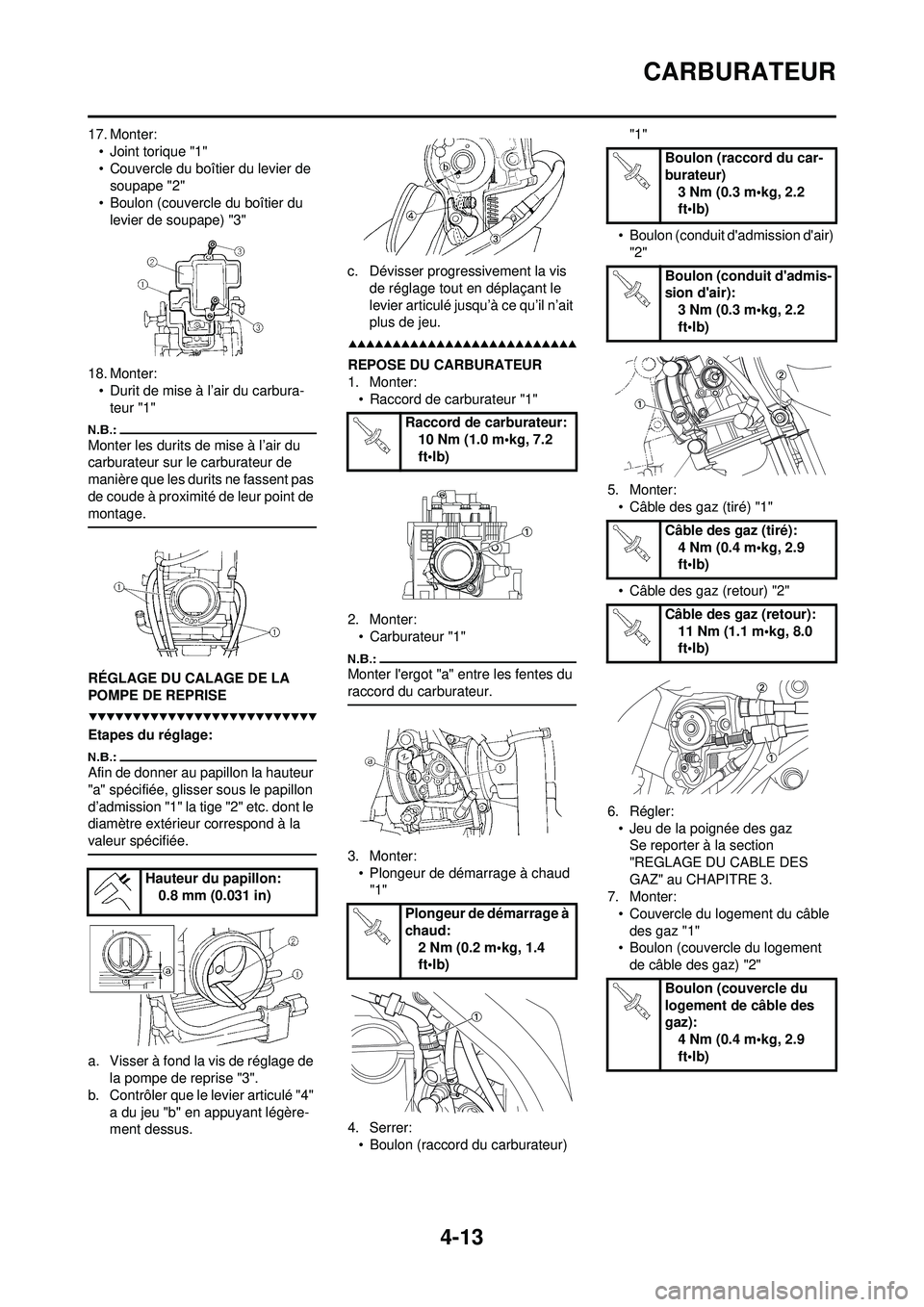 YAMAHA YZ250F 2008 Notices Demploi (in French) 4-13
CARBURATEUR
17. Monter:• Joint torique "1"
• Couvercle du boîtier du levier de soupape "2"
• Boulon (couvercle du boîtier du levier de soupape) "3"
18. Monter: • Durit de mise à l’a YAMAHA YZ250F 2008 Notices Demploi (in French) 4-13
CARBURATEUR
17. Monter:• Joint torique "1"
• Couvercle du boîtier du levier de soupape "2"
• Boulon (couvercle du boîtier du levier de soupape) "3"
18. Monter: • Durit de mise à l’a