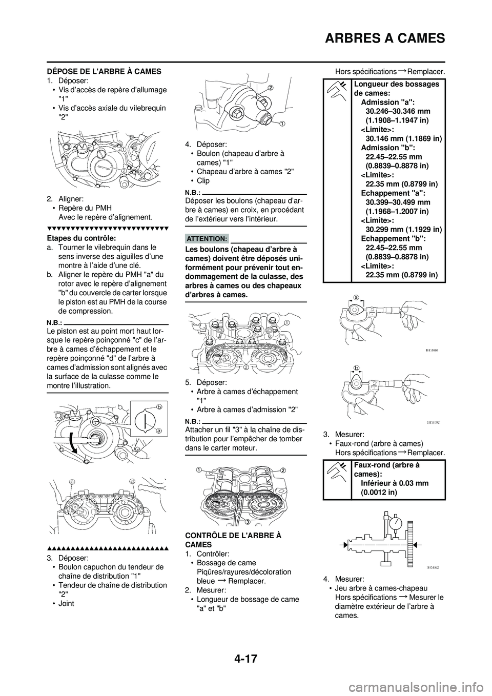 YAMAHA YZ250F 2008 Notices Demploi (in French) 4-17
ARBRES A CAMES
DÉPOSE DE LARBRE À CAMES
1. Déposer:• Vis d’accès de repère d’allumage "1"
• Vis d’accès axiale du vilebrequin "2"
2. Aligner: • Repère du PMHAvec le repère d YAMAHA YZ250F 2008 Notices Demploi (in French) 4-17
ARBRES A CAMES
DÉPOSE DE LARBRE À CAMES
1. Déposer:• Vis d’accès de repère d’allumage "1"
• Vis d’accès axiale du vilebrequin "2"
2. Aligner: • Repère du PMHAvec le repère d