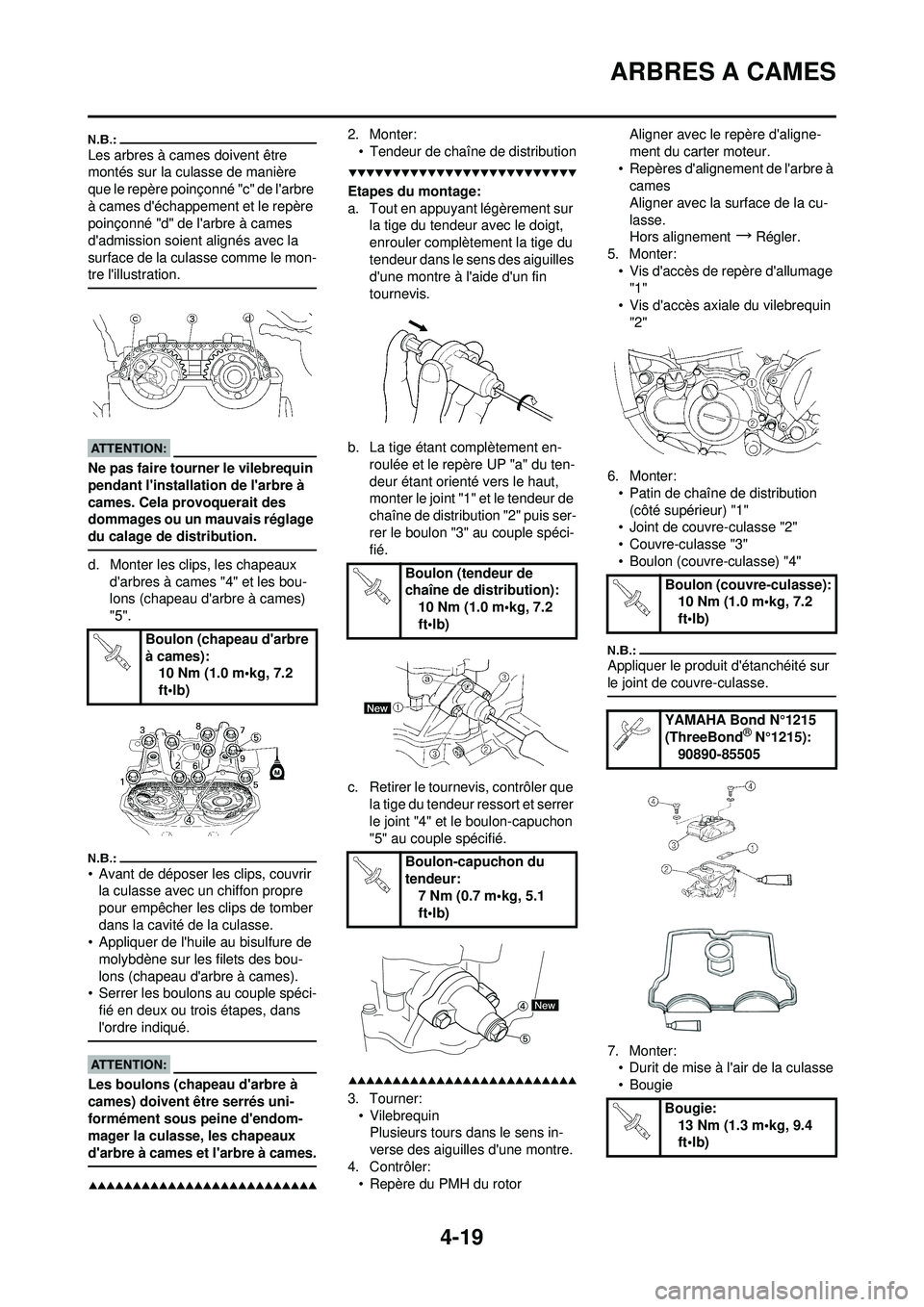 YAMAHA YZ250F 2008 Notices Demploi (in French) 4-19
ARBRES A CAMES
Les arbres à cames doivent être
montés sur la culasse de manière
que le repère poinçonné "c" de larbre
à cames déchappement et le repère
poinçonné "d" de larbre YAMAHA YZ250F 2008 Notices Demploi (in French) 4-19
ARBRES A CAMES
Les arbres à cames doivent être
montés sur la culasse de manière
que le repère poinçonné "c" de larbre
à cames déchappement et le repère
poinçonné "d" de larbre