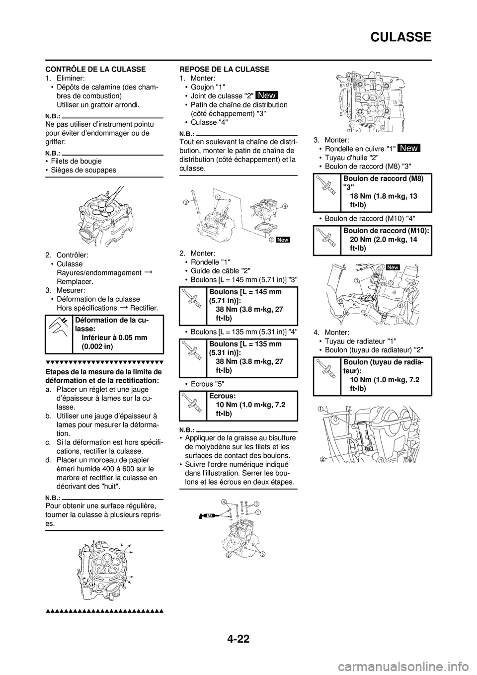 YAMAHA YZ250F 2008 Notices Demploi (in French) 4-22
CULASSE
CONTRÔLE DE LA CULASSE
1. Eliminer:• Dépôts de calamine (des cham-bres de combustion)
Utiliser un grattoir arrondi.
Ne pas utiliser d’instrument pointu
pour éviter d’endommager YAMAHA YZ250F 2008 Notices Demploi (in French) 4-22
CULASSE
CONTRÔLE DE LA CULASSE
1. Eliminer:• Dépôts de calamine (des cham-bres de combustion)
Utiliser un grattoir arrondi.
Ne pas utiliser d’instrument pointu
pour éviter d’endommager
