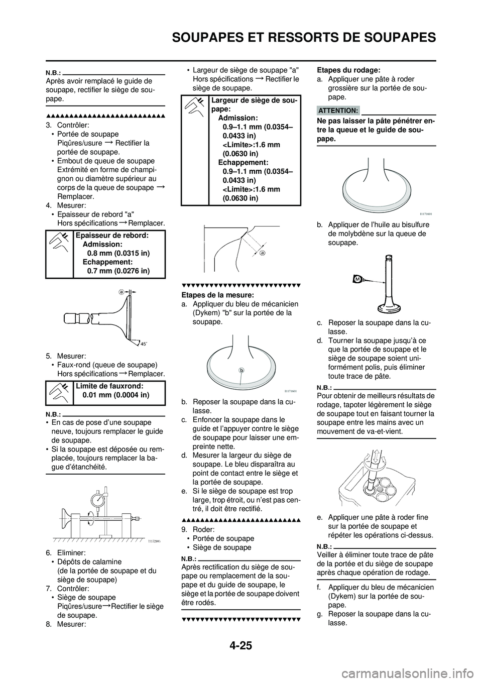YAMAHA YZ250F 2008 Notices Demploi (in French) 4-25
SOUPAPES ET RESSORTS DE SOUPAPES
Après avoir remplacé le guide de
soupape, rectifier le siège de sou-
pape.
3. Contrôler:• Portée de soupapePiqûres/usure
→Rectifier la
portée de soup YAMAHA YZ250F 2008 Notices Demploi (in French) 4-25
SOUPAPES ET RESSORTS DE SOUPAPES
Après avoir remplacé le guide de
soupape, rectifier le siège de sou-
pape.
3. Contrôler:• Portée de soupapePiqûres/usure
→Rectifier la
portée de soup