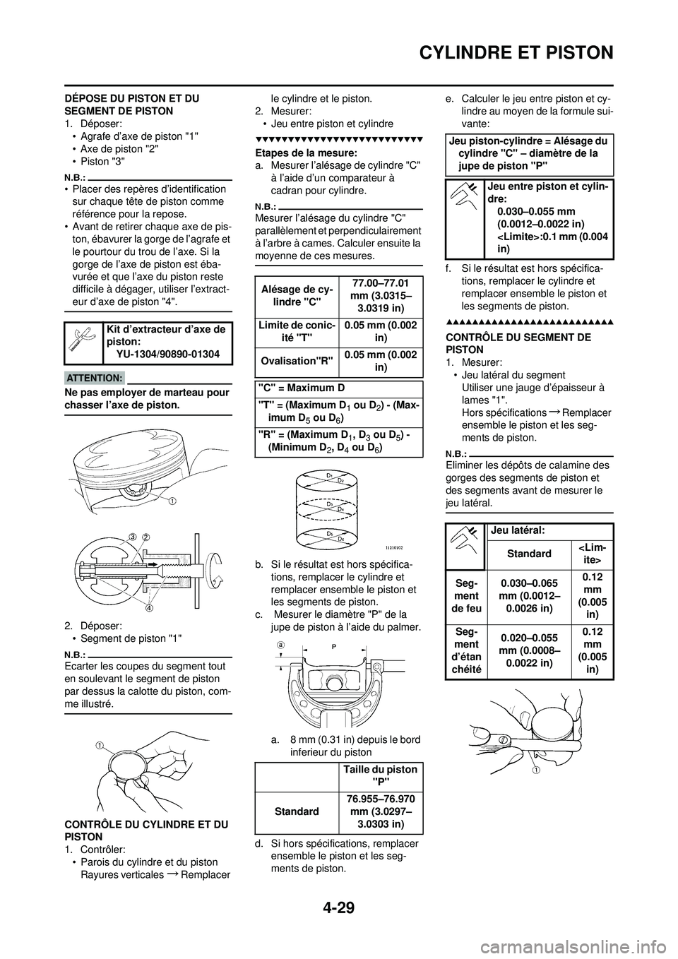 YAMAHA YZ250F 2008 Notices Demploi (in French) 4-29
CYLINDRE ET PISTON
DÉPOSE DU PISTON ET DU
SEGMENT DE PISTON
1. Déposer:• Agrafe d’axe de piston "1"
• Axe de piston "2"
•Piston "3"
• Placer des repères d’identification sur chaqu YAMAHA YZ250F 2008 Notices Demploi (in French) 4-29
CYLINDRE ET PISTON
DÉPOSE DU PISTON ET DU
SEGMENT DE PISTON
1. Déposer:• Agrafe d’axe de piston "1"
• Axe de piston "2"
•Piston "3"
• Placer des repères d’identification sur chaqu