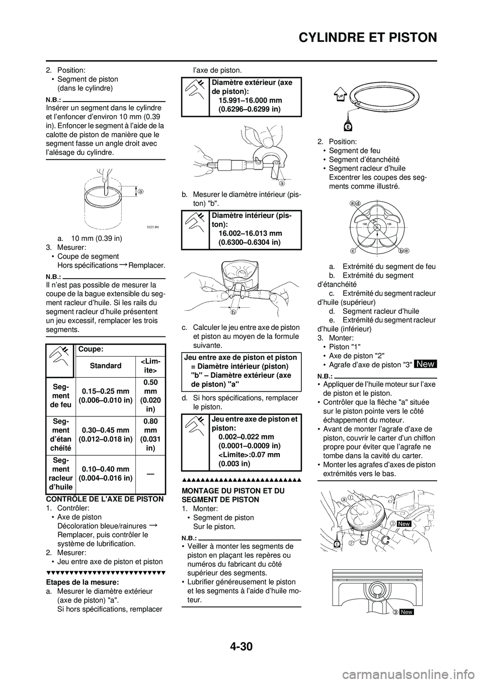 YAMAHA YZ250F 2008 Notices Demploi (in French) 4-30
CYLINDRE ET PISTON
2. Position:• Segment de piston(dans le cylindre)
Insérer un segment dans le cylindre
et l’enfoncer d’environ 10 mm (0.39
in). Enfoncer le segment à l’aide de la
c YAMAHA YZ250F 2008 Notices Demploi (in French) 4-30
CYLINDRE ET PISTON
2. Position:• Segment de piston(dans le cylindre)
Insérer un segment dans le cylindre
et l’enfoncer d’environ 10 mm (0.39
in). Enfoncer le segment à l’aide de la
c