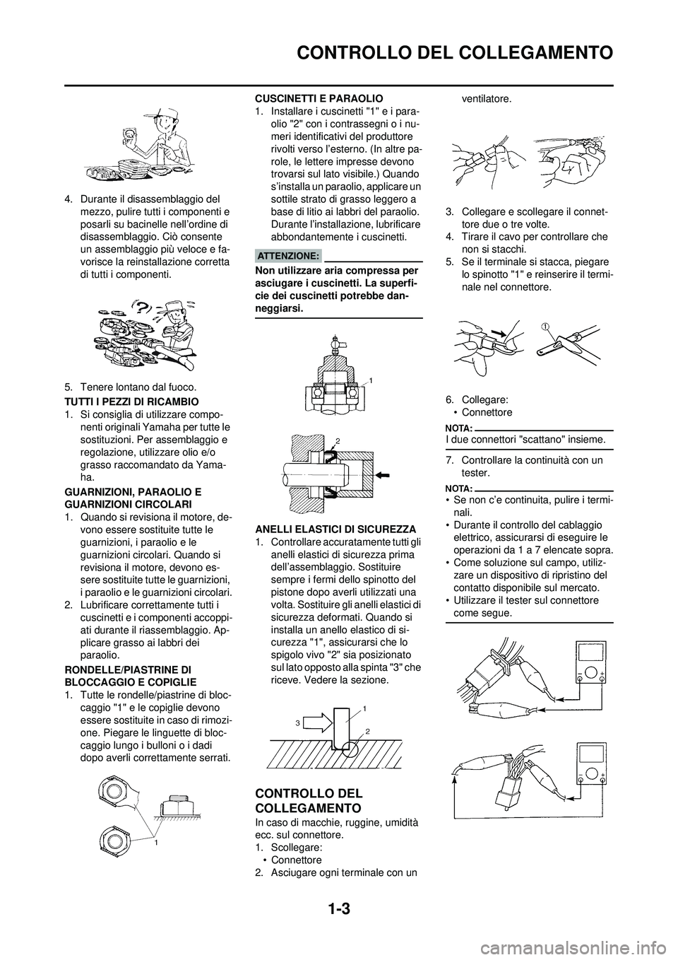 YAMAHA YZ250F 2008 Manuale duso (in Italian) 1-3
CONTROLLO DEL COLLEGAMENTO
4. Durante il disassemblaggio del mezzo, pulire tutti i componenti e
posarli su bacinelle nell’ordine di
disassemblaggio. Ciò consente
un assemblaggio più veloce YAMAHA YZ250F 2008 Manuale duso (in Italian) 1-3
CONTROLLO DEL COLLEGAMENTO
4. Durante il disassemblaggio del mezzo, pulire tutti i componenti e
posarli su bacinelle nell’ordine di
disassemblaggio. Ciò consente
un assemblaggio più veloce