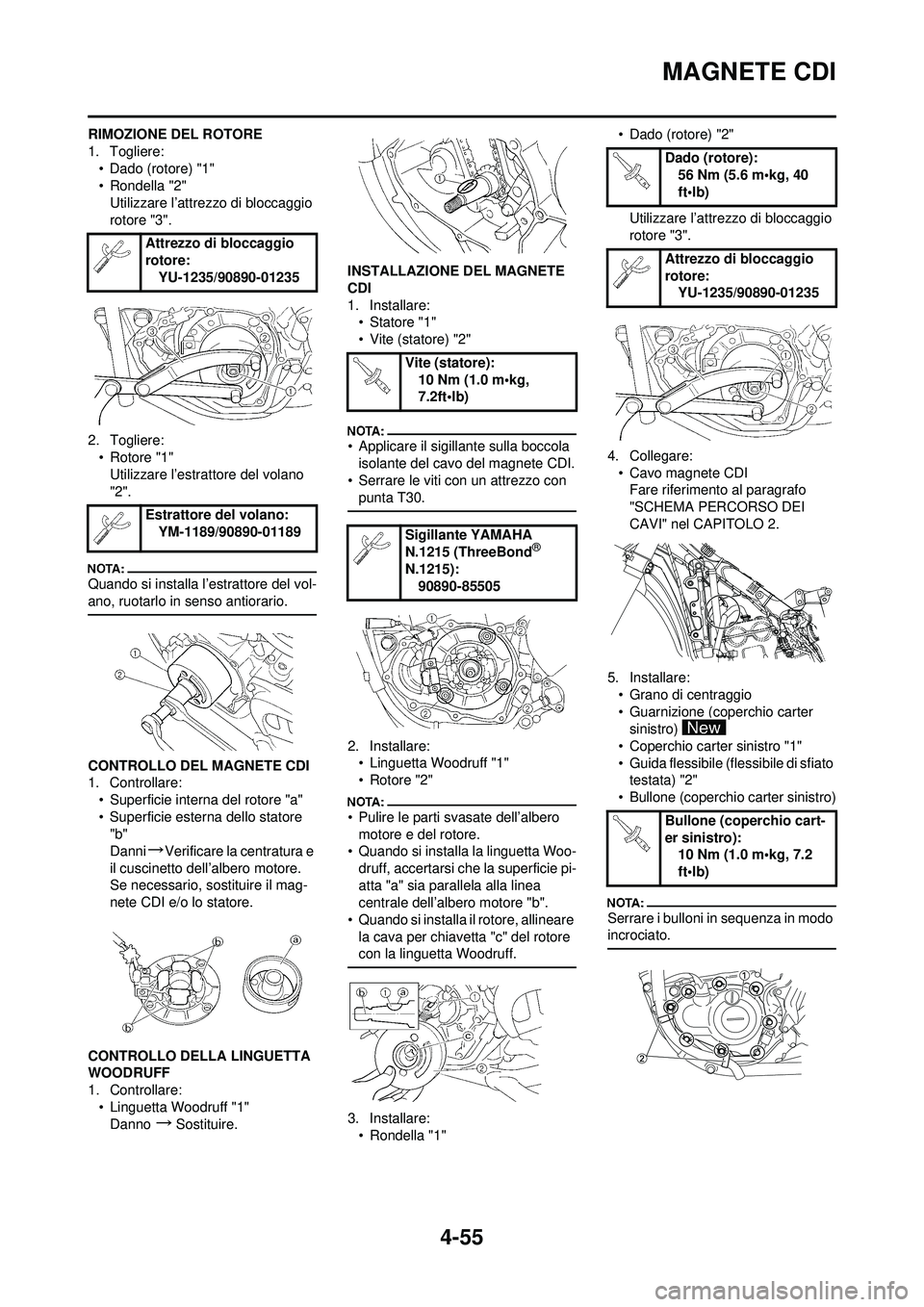 YAMAHA YZ250F 2008  Manuale duso (in Italian) 4-55
MAGNETE CDI
RIMOZIONE DEL ROTORE
1. Togliere:• Dado (rotore) "1"
• Rondella "2"Utilizzare l’attrezzo di bloccaggio 
rotore "3".
2. Togliere: • Rotore "1"
Utilizzare l’estrattore del vol