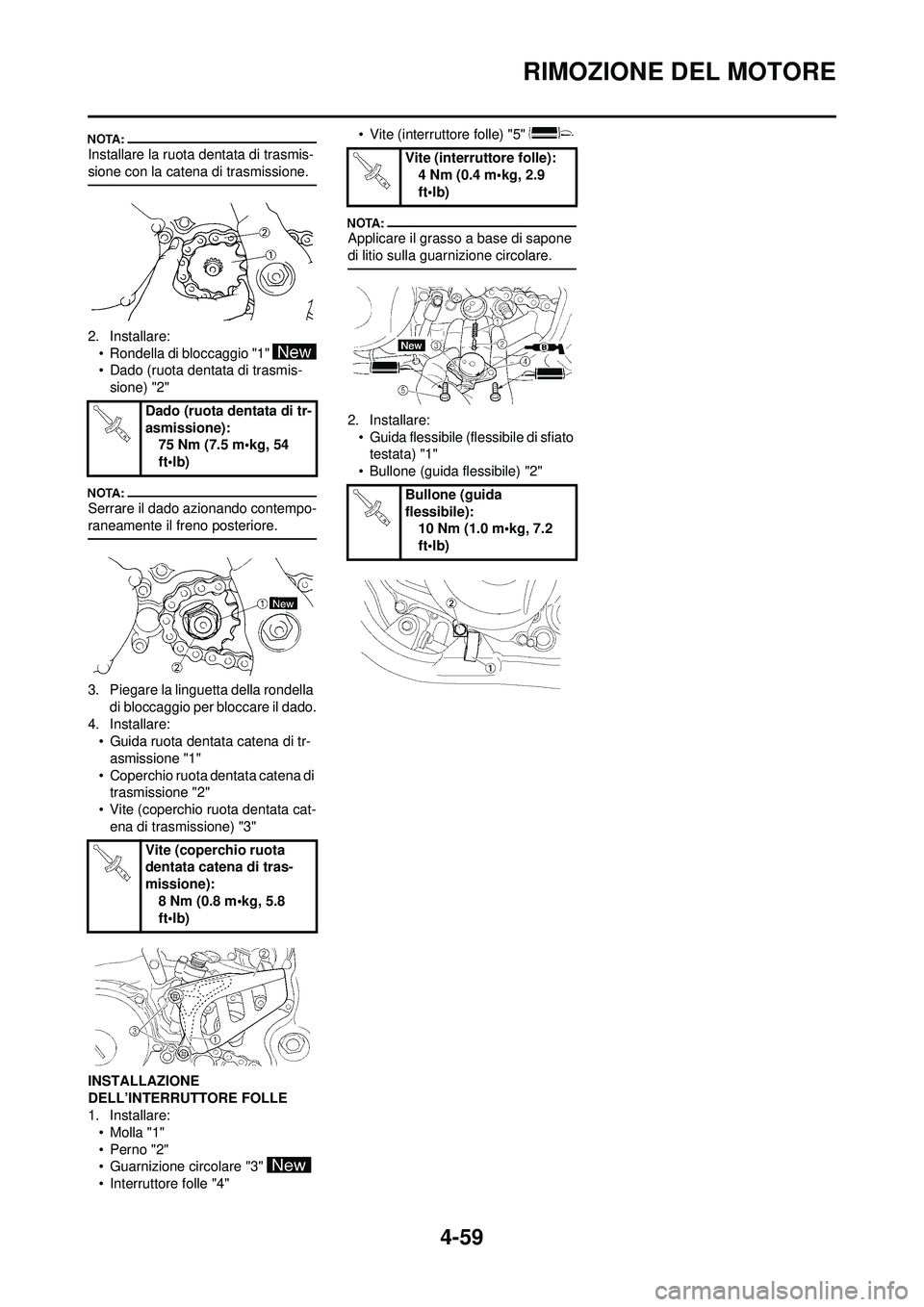 YAMAHA YZ250F 2008  Manuale duso (in Italian) 4-59
RIMOZIONE DEL MOTORE
Installare la ruota dentata di trasmis-
sione con la catena di trasmissione.
2. Installare:• Rondella di bloccaggio "1" 
• Dado (ruota dentata di trasmis-sione) "2"
Serra