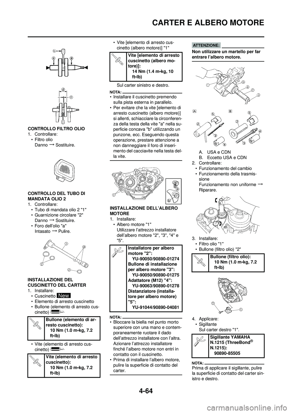 YAMAHA YZ250F 2008  Manuale duso (in Italian) 4-64
CARTER E ALBERO MOTORE
CONTROLLO FILTRO OLIO
1. Controllare:•Filtro olio
Danno
→Sostituire.
CONTROLLO DEL TUBO DI 
MANDATA OLIO 2
1. Controllare: • Tubo di mandata olio 2 "1"
• Guarnizion