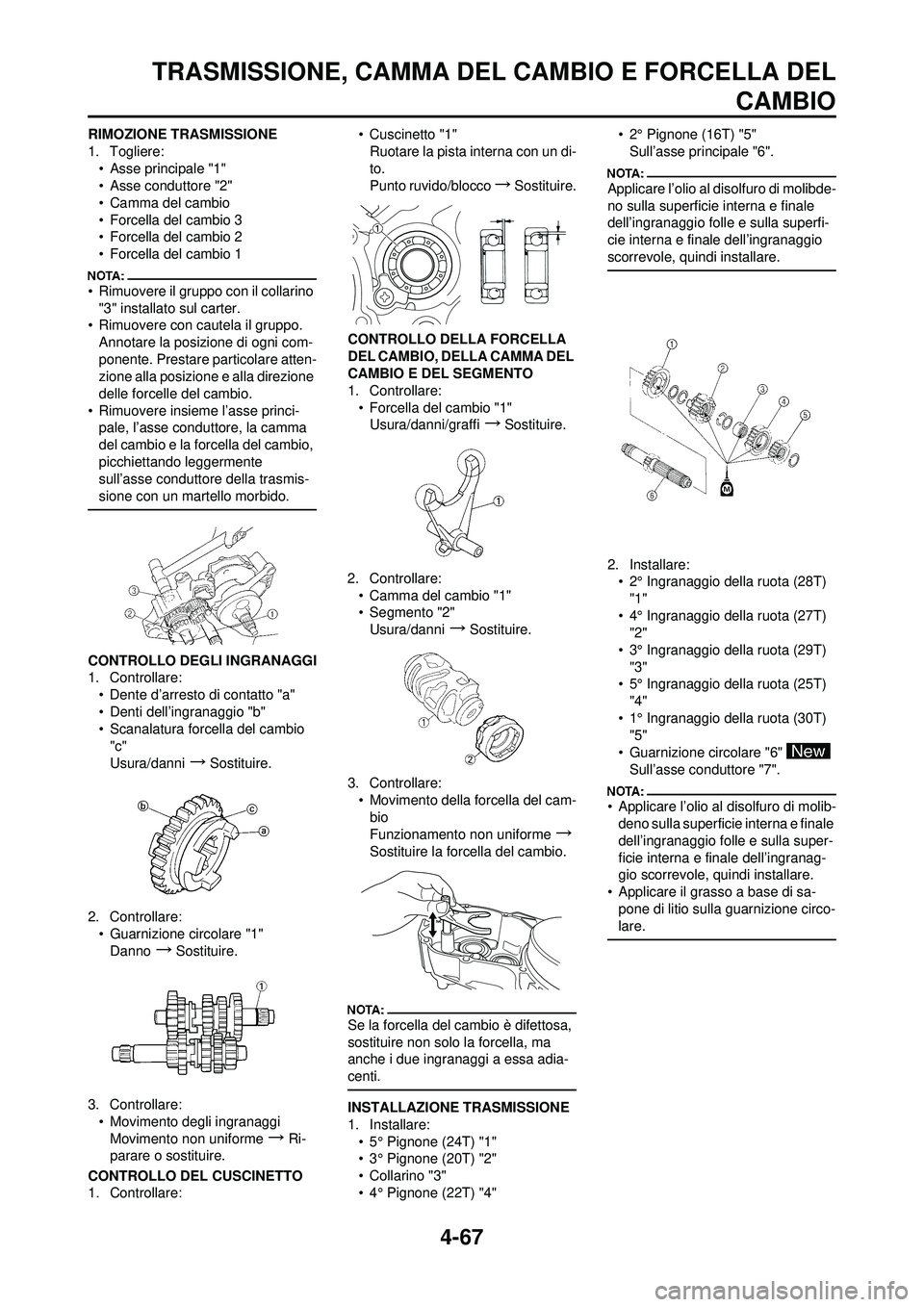 YAMAHA YZ250F 2008  Manuale duso (in Italian) 4-67
TRASMISSIONE, CAMMA DEL CAMBIO E FORCELLA DELCAMBIO
RIMOZIONE TRASMISSIONE
1. Togliere:
• Asse principale "1"
• Asse conduttore "2"
• Camma del cambio
• Forcella del cambio 3
• Forcella