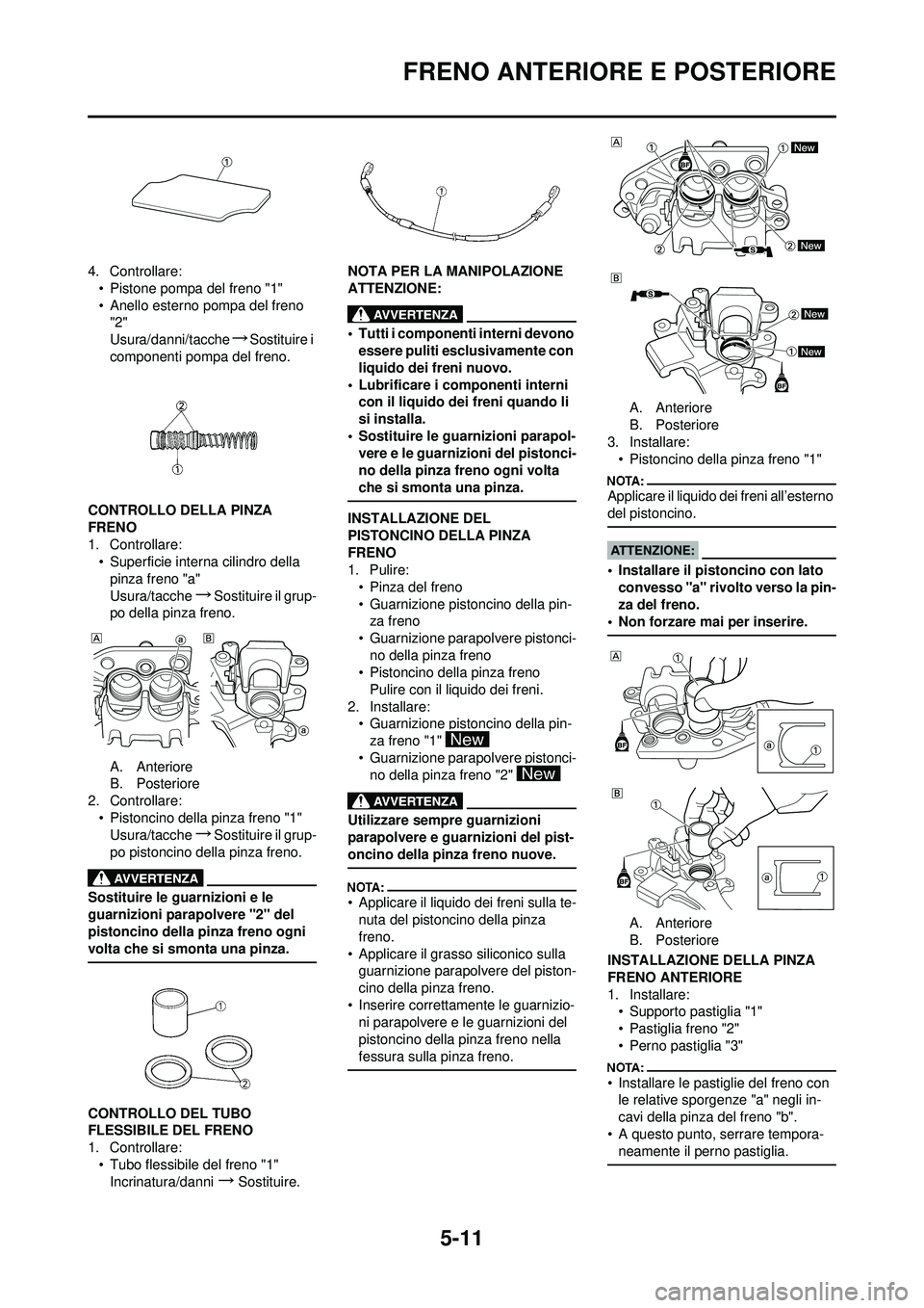 YAMAHA YZ250F 2008  Manuale duso (in Italian) 5-11
FRENO ANTERIORE E POSTERIORE
4. Controllare:• Pistone pompa del freno "1"
• Anello esterno pompa del freno "2"
Usura/danni/tacche
→Sostituire i 
componenti pompa del freno.
CONTROLLO DELLA 