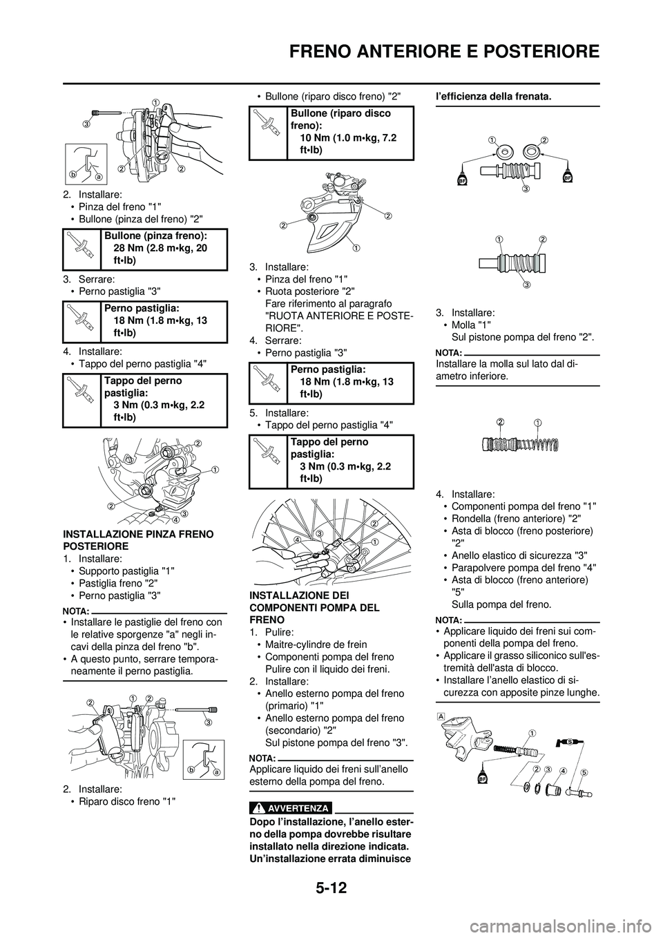 YAMAHA YZ250F 2008  Manuale duso (in Italian) 5-12
FRENO ANTERIORE E POSTERIORE
2. Installare:• Pinza del freno "1"
• Bullone (pinza del freno) "2"
3. Serrare: • Perno pastiglia "3"
4. Installare: • Tappo del perno pastiglia "4"
INSTALLAZ