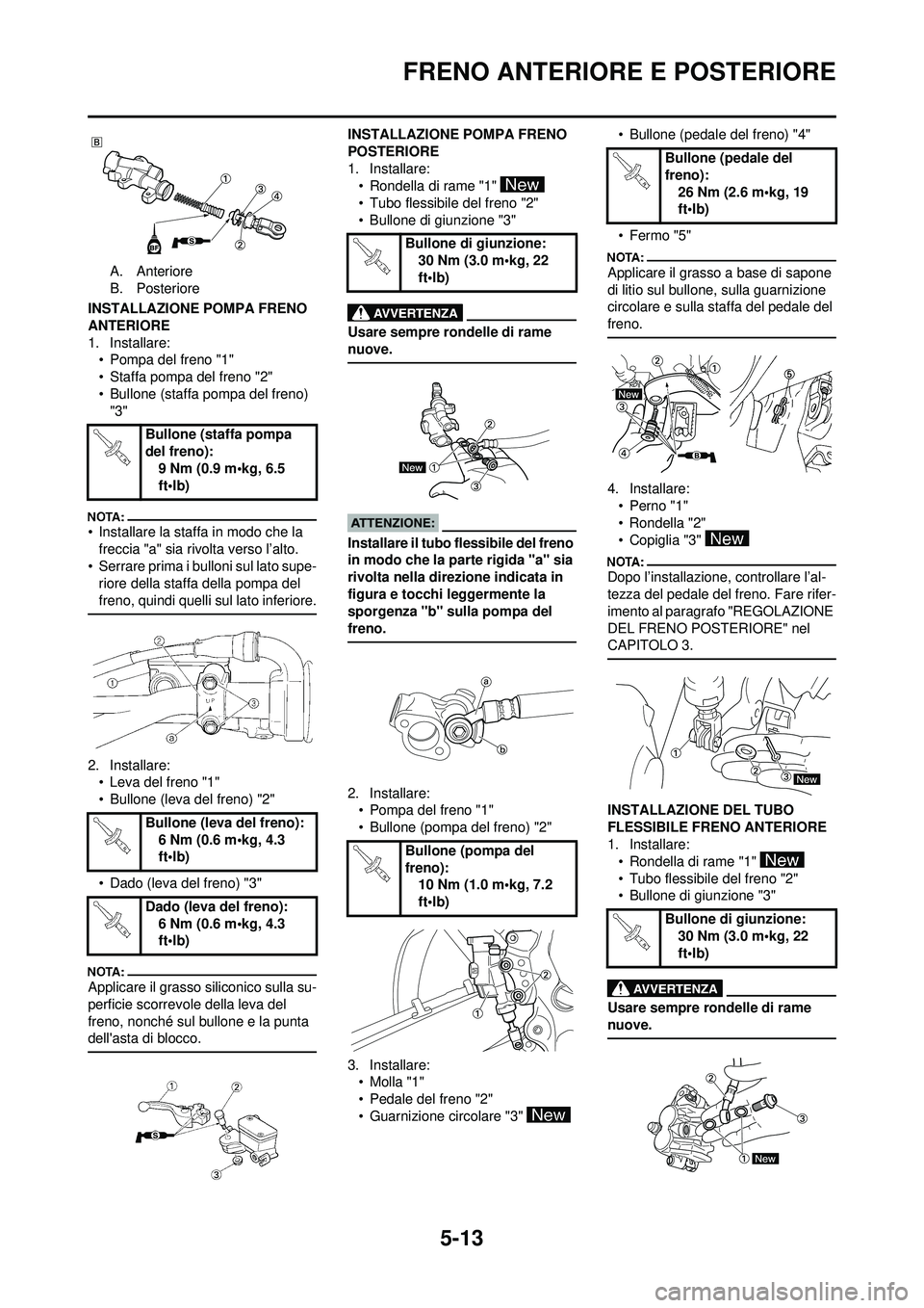 YAMAHA YZ250F 2008  Manuale duso (in Italian) 5-13
FRENO ANTERIORE E POSTERIORE
A. Anteriore
B. Posteriore
INSTALLAZIONE POMPA FRENO 
ANTERIORE
1. Installare: • Pompa del freno "1"
• Staffa pompa del freno "2"
• Bullone (staffa pompa del fr