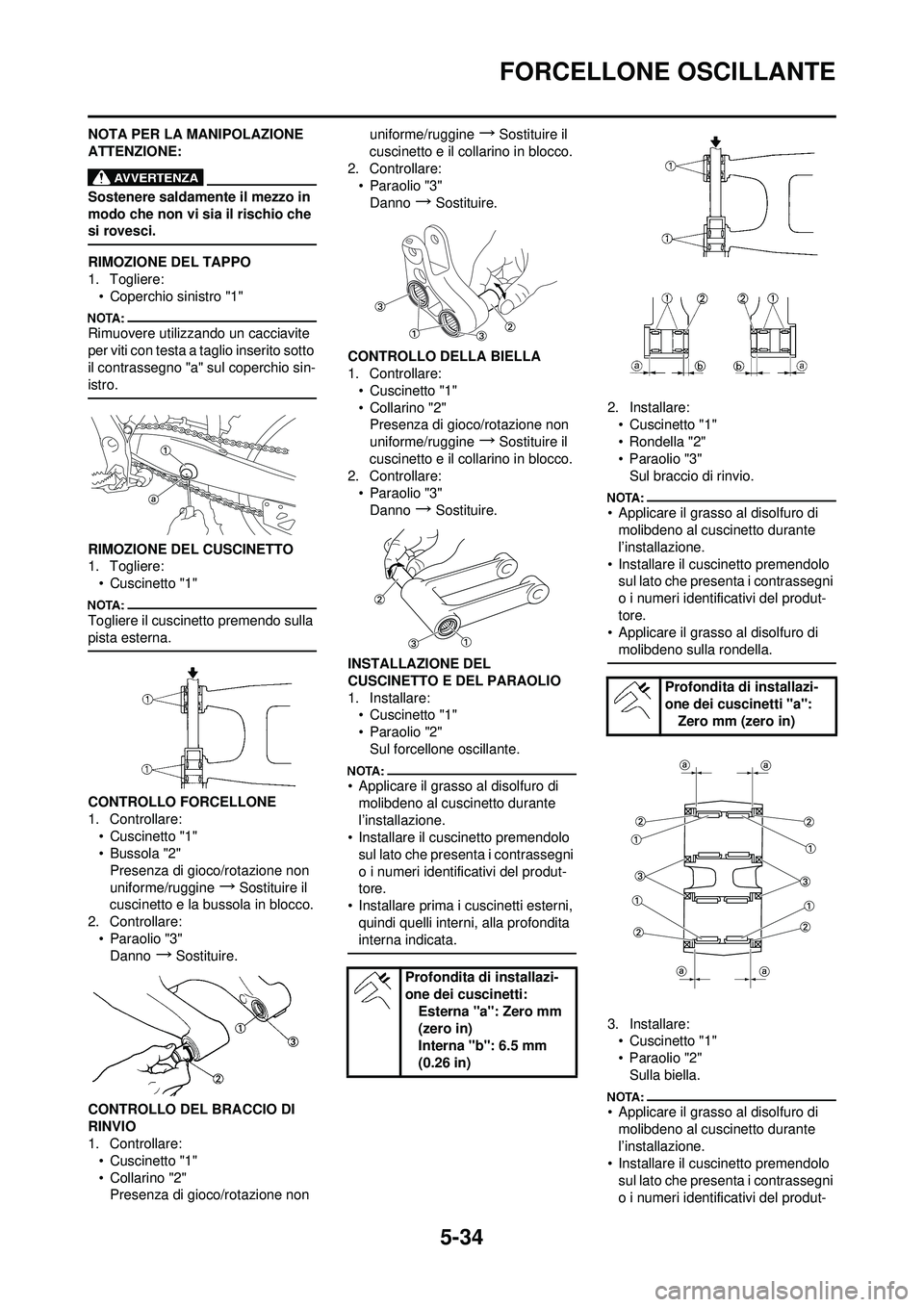 YAMAHA YZ250F 2008  Manuale duso (in Italian) 5-34
FORCELLONE OSCILLANTE
NOTA PER LA MANIPOLAZIONE 
ATTENZIONE:
Sostenere saldamente il mezzo in 
modo che non vi sia il rischio che 
si rovesci.
RIMOZIONE DEL TAPPO
1. Togliere:• Coperchio sinist