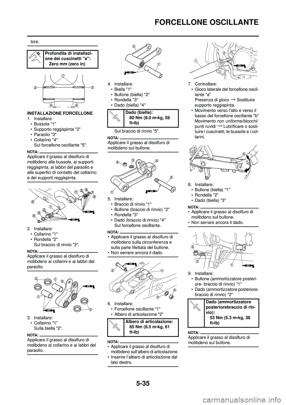 YAMAHA YZ250F 2008  Manuale duso (in Italian) 5-35
FORCELLONE OSCILLANTE
tore.
INSTALLAZIONE FORCELLONE
1. Installare:•Bussola "1"
• Supporto reggispinta "2"
• Paraolio "3"
•Collarino "4"Sul forcellone oscillante "5".
Applicare il grasso 