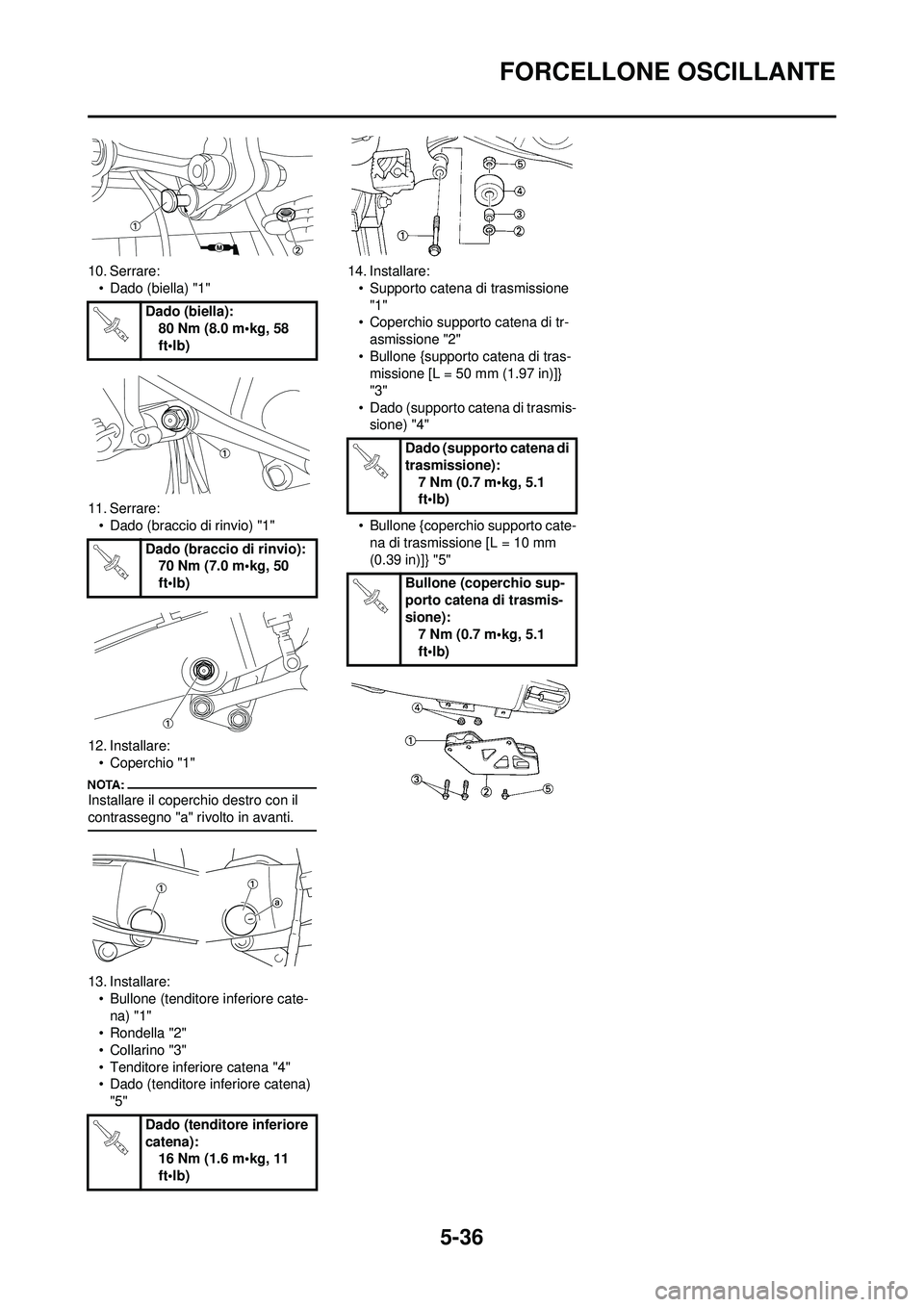 YAMAHA YZ250F 2008  Manuale duso (in Italian) 5-36
FORCELLONE OSCILLANTE
10. Serrare:• Dado (biella) "1"
11. Serrare: • Dado (braccio di rinvio) "1"
12. Installare: • Coperchio "1"
Installare il coperchio destro con il 
contrassegno "a" riv