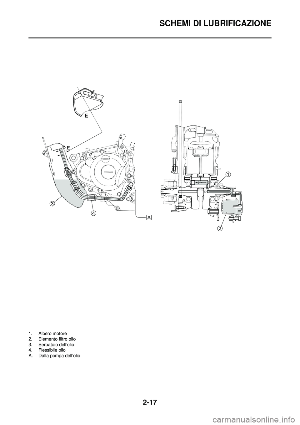 YAMAHA YZ250F 2008 Manuale duso (in Italian) 2-17
SCHEMI DI LUBRIFICAZIONE
1. Albero motore
2. Elemento filtro olio
3. Serbatoio dell’olio
4. Flessibile olio
A. Dalla pompa dell’olio YAMAHA YZ250F 2008 Manuale duso (in Italian) 2-17
SCHEMI DI LUBRIFICAZIONE
1. Albero motore
2. Elemento filtro olio
3. Serbatoio dell’olio
4. Flessibile olio
A. Dalla pompa dell’olio
