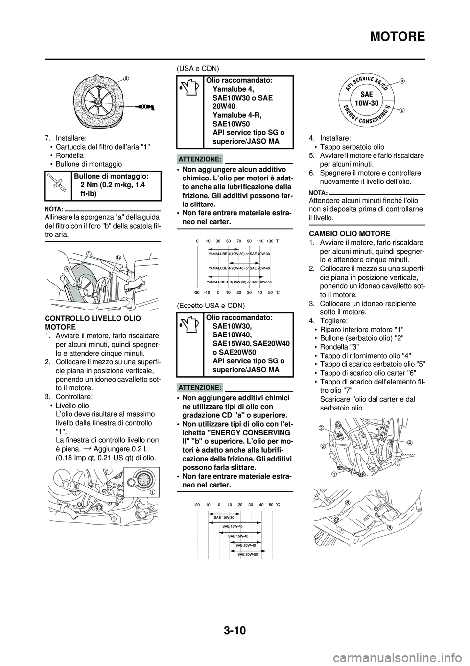 YAMAHA YZ250F 2008 Manuale duso (in Italian) 3-10
MOTORE
7. Installare:• Cartuccia del filtro dell’aria "1"
• Rondella
• Bullone di montaggio
Allineare la sporgenza "a" della guida
del filtro con il foro "b" della scatola fil-
tro aria. YAMAHA YZ250F 2008 Manuale duso (in Italian) 3-10
MOTORE
7. Installare:• Cartuccia del filtro dell’aria "1"
• Rondella
• Bullone di montaggio
Allineare la sporgenza "a" della guida
del filtro con il foro "b" della scatola fil-
tro aria.