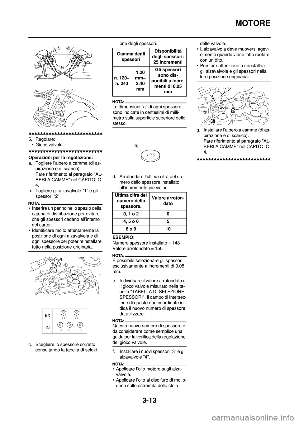 YAMAHA YZ250F 2008 Manuale duso (in Italian) 3-13
MOTORE
5. Regolare:• Gioco valvole
Operazioni per la regolazione:
a. Togliere l’albero a camme (di as- pirazione e di scarico).
Fare riferimento al paragrafo "AL-
BERI A CAMME" nel CAPITOLO
YAMAHA YZ250F 2008 Manuale duso (in Italian) 3-13
MOTORE
5. Regolare:• Gioco valvole
Operazioni per la regolazione:
a. Togliere l’albero a camme (di as- pirazione e di scarico).
Fare riferimento al paragrafo "AL-
BERI A CAMME" nel CAPITOLO
