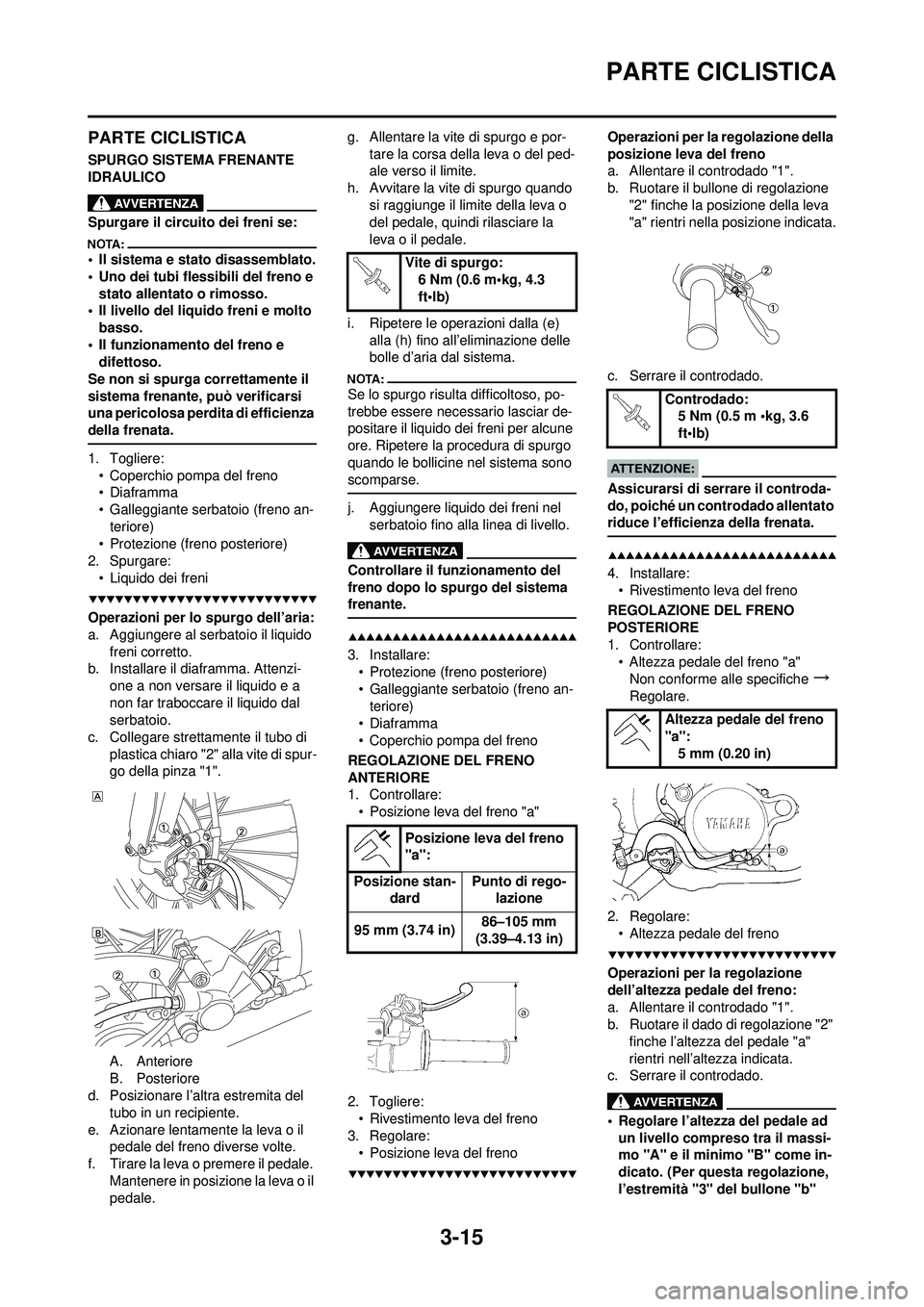 YAMAHA YZ250F 2008 Manuale duso (in Italian) 3-15
PARTE CICLISTICA
PARTE CICLISTICA
SPURGO SISTEMA FRENANTE
IDRAULICO
Spurgare il circuito dei freni se:
• Il sistema e stato disassemblato.
• Uno dei tubi flessibili del freno e stato allenta YAMAHA YZ250F 2008 Manuale duso (in Italian) 3-15
PARTE CICLISTICA
PARTE CICLISTICA
SPURGO SISTEMA FRENANTE
IDRAULICO
Spurgare il circuito dei freni se:
• Il sistema e stato disassemblato.
• Uno dei tubi flessibili del freno e stato allenta