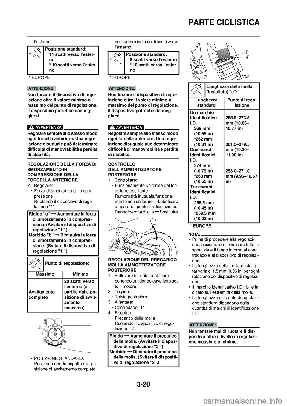 YAMAHA YZ250F 2008 Manuale duso (in Italian) 3-20
PARTE CICLISTICA
l’esterno.
Non forzare il dispositivo di rego-
lazione oltre il valore minimo o
massimo del punto di regolazione.
Il dispositivo potrebbe danneg-
giarsi.
Regolare sempre allo YAMAHA YZ250F 2008 Manuale duso (in Italian) 3-20
PARTE CICLISTICA
l’esterno.
Non forzare il dispositivo di rego-
lazione oltre il valore minimo o
massimo del punto di regolazione.
Il dispositivo potrebbe danneg-
giarsi.
Regolare sempre allo