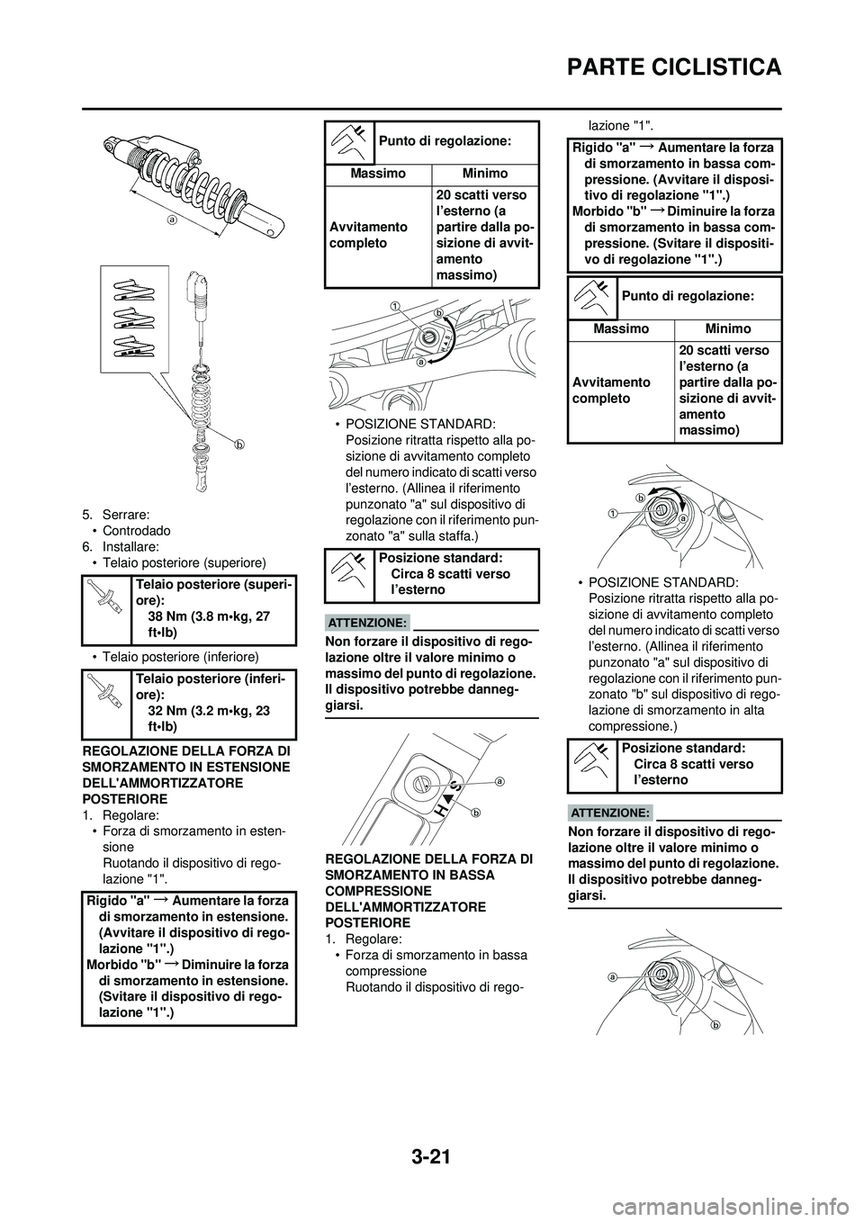 YAMAHA YZ250F 2008 Manuale duso (in Italian) 3-21
PARTE CICLISTICA
5. Serrare:• Controdado
6. Installare: • Telaio posteriore (superiore)
• Telaio posteriore (inferiore)
REGOLAZIONE DELLA FORZA DI
SMORZAMENTO IN ESTENSIONE
DELLAMMORTIZZ YAMAHA YZ250F 2008 Manuale duso (in Italian) 3-21
PARTE CICLISTICA
5. Serrare:• Controdado
6. Installare: • Telaio posteriore (superiore)
• Telaio posteriore (inferiore)
REGOLAZIONE DELLA FORZA DI
SMORZAMENTO IN ESTENSIONE
DELLAMMORTIZZ
