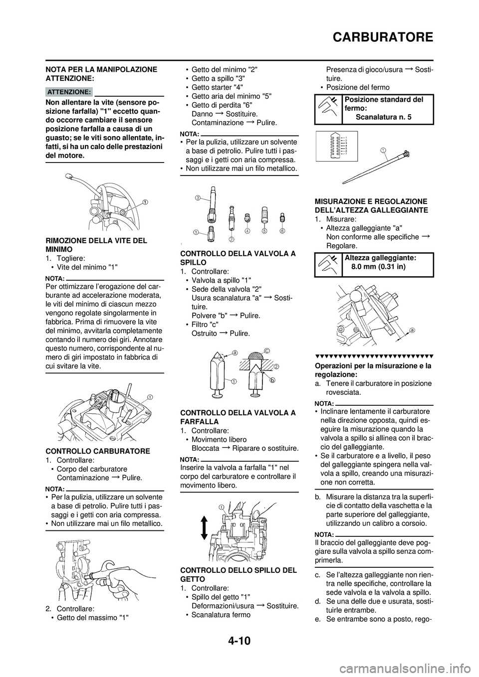 YAMAHA YZ250F 2008 Manuale duso (in Italian) 4-10
CARBURATORE
NOTA PER LA MANIPOLAZIONE
ATTENZIONE:
Non allentare la vite (sensore po-
sizione farfalla) "1" eccetto quan-
do occorre cambiare il sensore
posizione farfalla a causa di un
guasto; YAMAHA YZ250F 2008 Manuale duso (in Italian) 4-10
CARBURATORE
NOTA PER LA MANIPOLAZIONE
ATTENZIONE:
Non allentare la vite (sensore po-
sizione farfalla) "1" eccetto quan-
do occorre cambiare il sensore
posizione farfalla a causa di un
guasto;