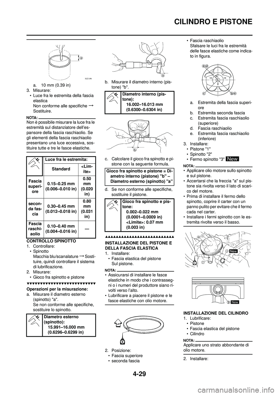 YAMAHA YZ250F 2008  Manuale duso (in Italian) 4-29
CILINDRO E PISTONE
a. 10 mm (0.39 in)
3. Misurare: • Luce fra le estremita della fascia elastica
Non conforme alle specifiche 
→ 
Sostituire.
Non è possibile misurare la luce fra le 
estremi