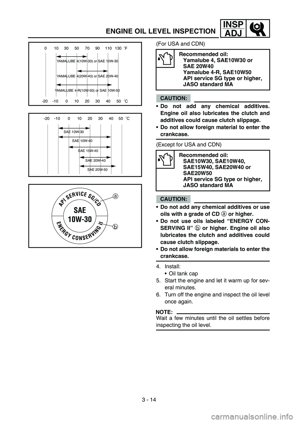 YAMAHA YZ250F 2007  Owners Manual 3 - 14
INSP
ADJ
ENGINE OIL LEVEL INSPECTION
(For USA and CDN)
CAUTION:
Do not add any chemical additives.
Engine oil also lubricates the clutch and
additives could cause clutch slippage.
Do not allo