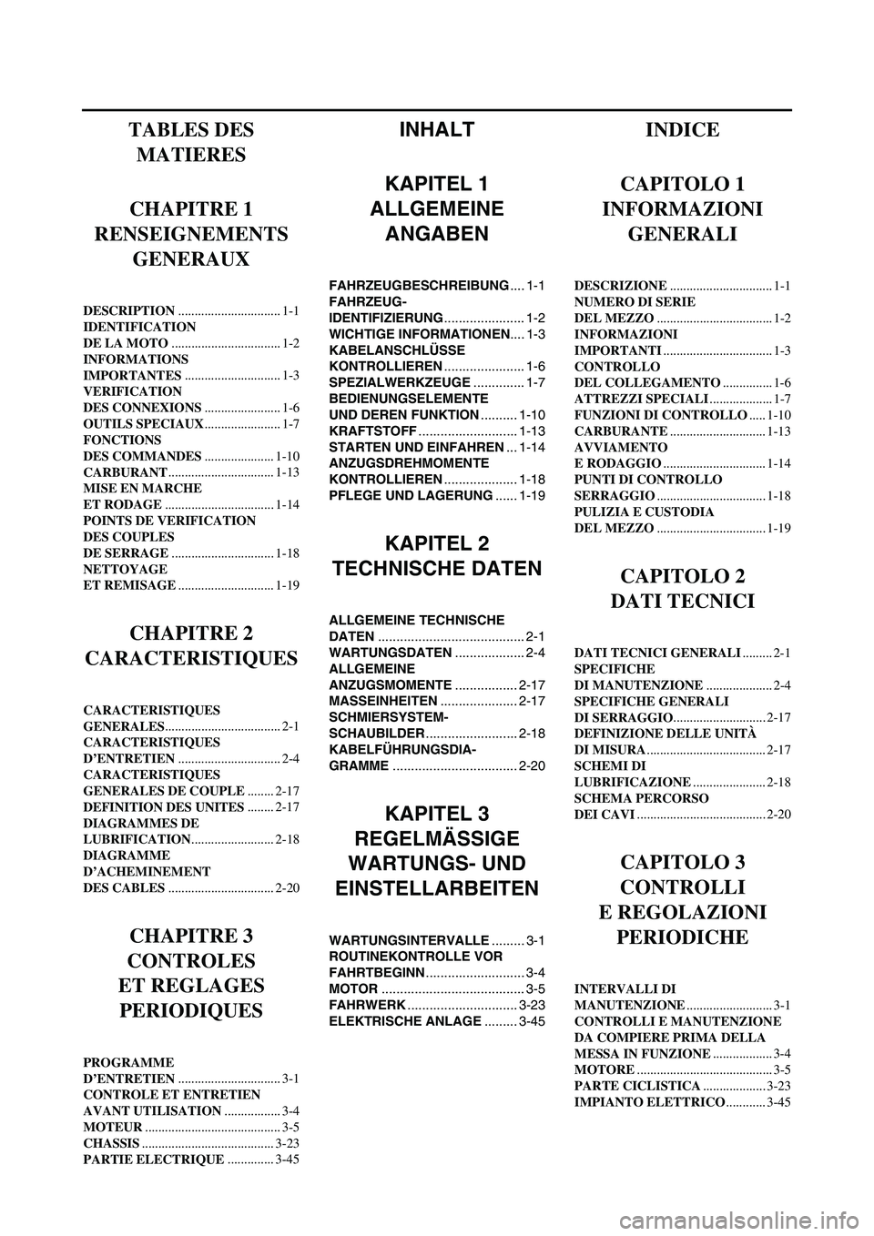 YAMAHA YZ250F 2007 Owners Manual INHALT
KAPITEL 1
ALLGEMEINE
ANGABEN
FAHRZEUGBESCHREIBUNG.... 1-1
FAHRZEUG-
IDENTIFIZIERUNG...................... 1-2
WICHTIGE INFORMATIONEN.... 1-3
KABELANSCHLÜSSE
KONTROLLIEREN.................... YAMAHA YZ250F 2007 Owners Manual INHALT
KAPITEL 1
ALLGEMEINE
ANGABEN
FAHRZEUGBESCHREIBUNG.... 1-1
FAHRZEUG-
IDENTIFIZIERUNG...................... 1-2
WICHTIGE INFORMATIONEN.... 1-3
KABELANSCHLÜSSE
KONTROLLIEREN....................