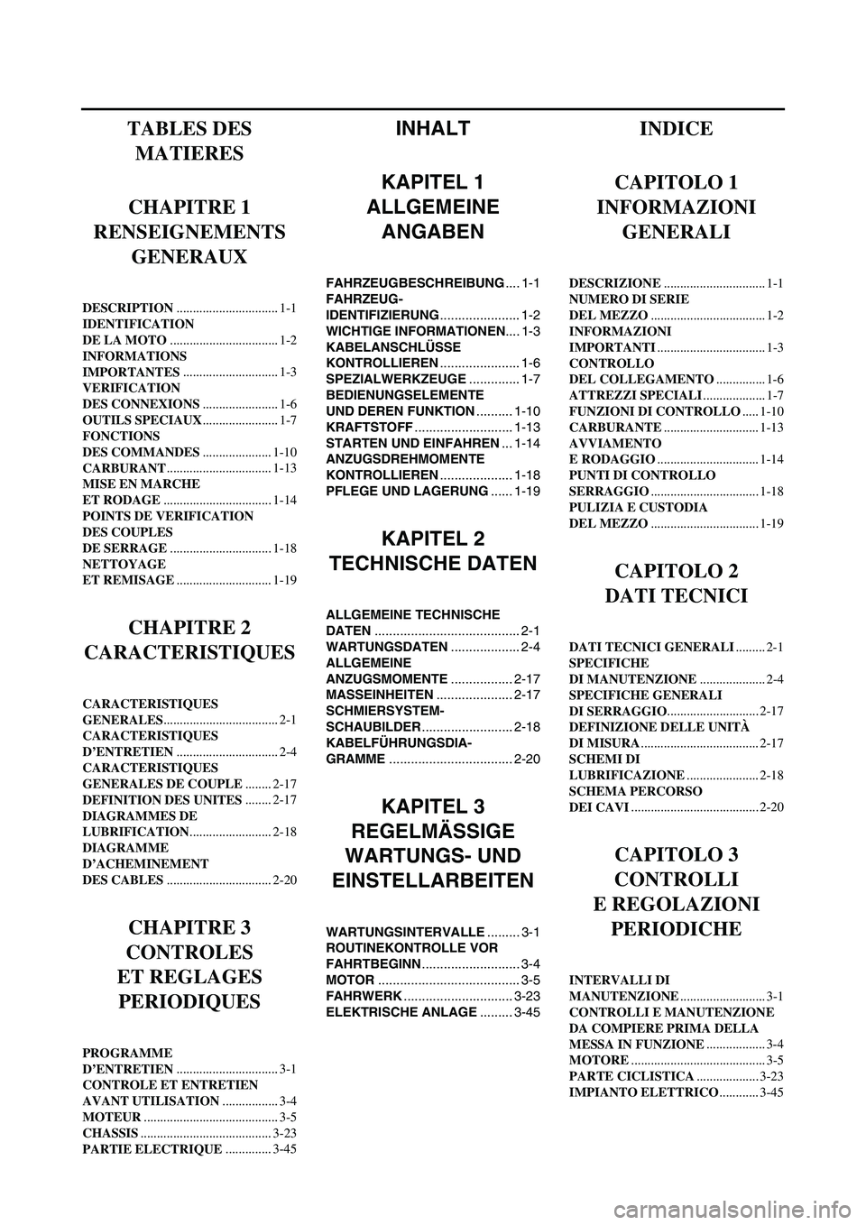 YAMAHA YZ250F 2007 Owners Manual INHALT
KAPITEL 1
ALLGEMEINE 
ANGABEN
FAHRZEUGBESCHREIBUNG.... 1-1
FAHRZEUG-
IDENTIFIZIERUNG...................... 1-2
WICHTIGE INFORMATIONEN.... 1-3
KABELANSCHLÜSSE 
KONTROLLIEREN....................