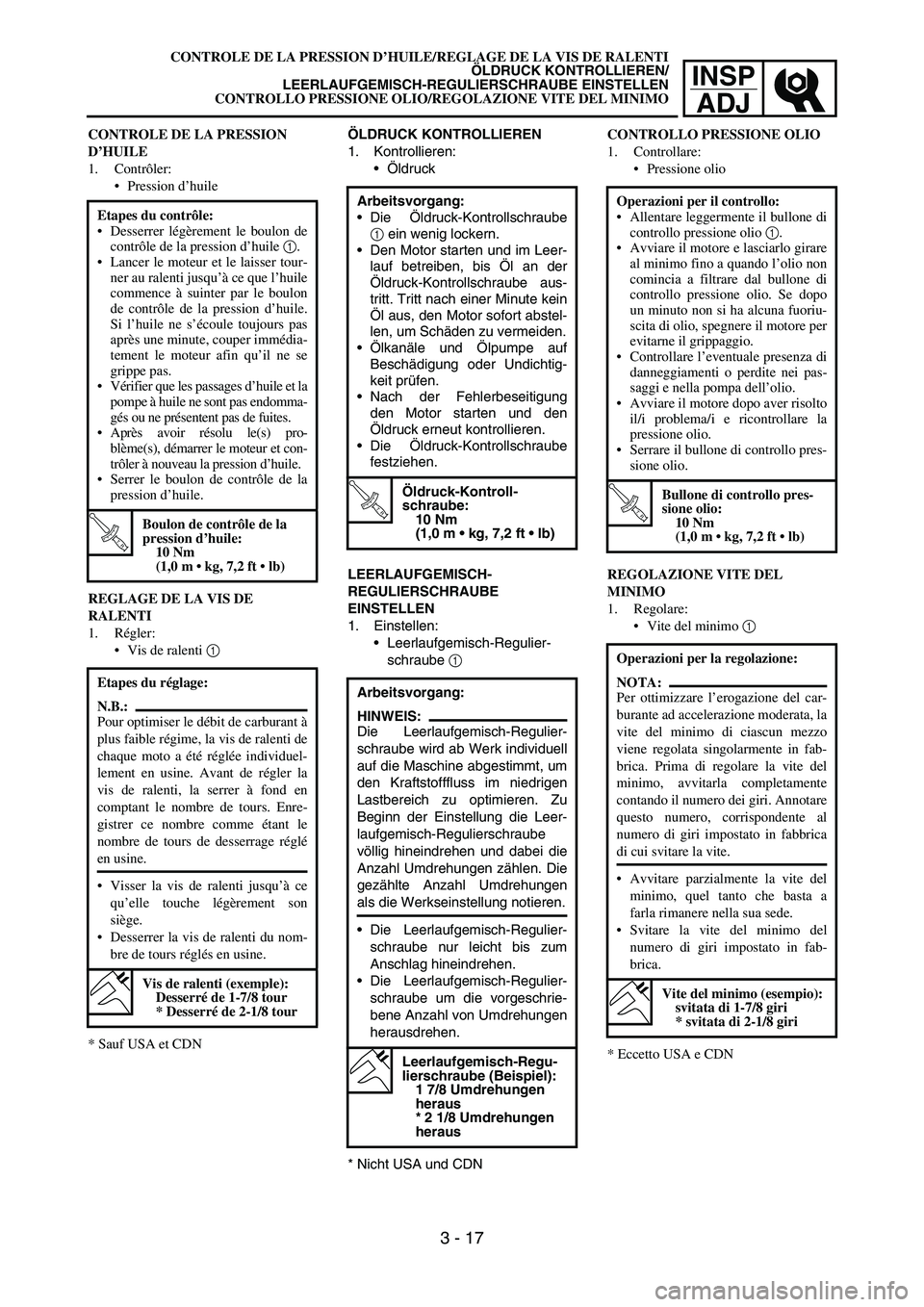 YAMAHA YZ250F 2007 Notices Demploi (in French) INSP
ADJ
ÖLDRUCK KONTROLLIEREN
1. Kontrollieren:
Öldruck
Arbeitsvorgang:
Die Öldruck-Kontrollschraube
1 ein wenig lockern.
Den Motor starten und im Leer-
lauf betreiben, bis Öl an der
Öldruck- YAMAHA YZ250F 2007 Notices Demploi (in French) INSP
ADJ
ÖLDRUCK KONTROLLIEREN
1. Kontrollieren:
Öldruck
Arbeitsvorgang:
Die Öldruck-Kontrollschraube
1 ein wenig lockern.
Den Motor starten und im Leer-
lauf betreiben, bis Öl an der
Öldruck-
