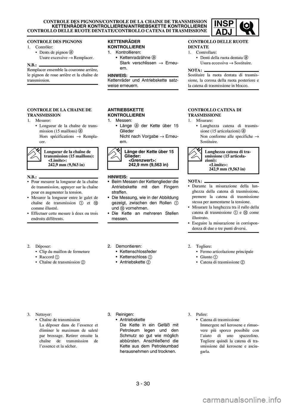 YAMAHA YZ250F 2007 Notices Demploi (in French) INSP
ADJ
KETTENRÄDER
KONTROLLIEREN
1. Kontrollieren:
Kettenradzähne a
Stark verschlissen → Erneu-
ern.
HINWEIS:
Kettenräder und Antriebskette satz-
weise erneuern.
ANTRIEBSKETTE
KONTROLLIEREN
YAMAHA YZ250F 2007 Notices Demploi (in French) INSP
ADJ
KETTENRÄDER
KONTROLLIEREN
1. Kontrollieren:
Kettenradzähne a
Stark verschlissen → Erneu-
ern.
HINWEIS:
Kettenräder und Antriebskette satz-
weise erneuern.
ANTRIEBSKETTE
KONTROLLIEREN