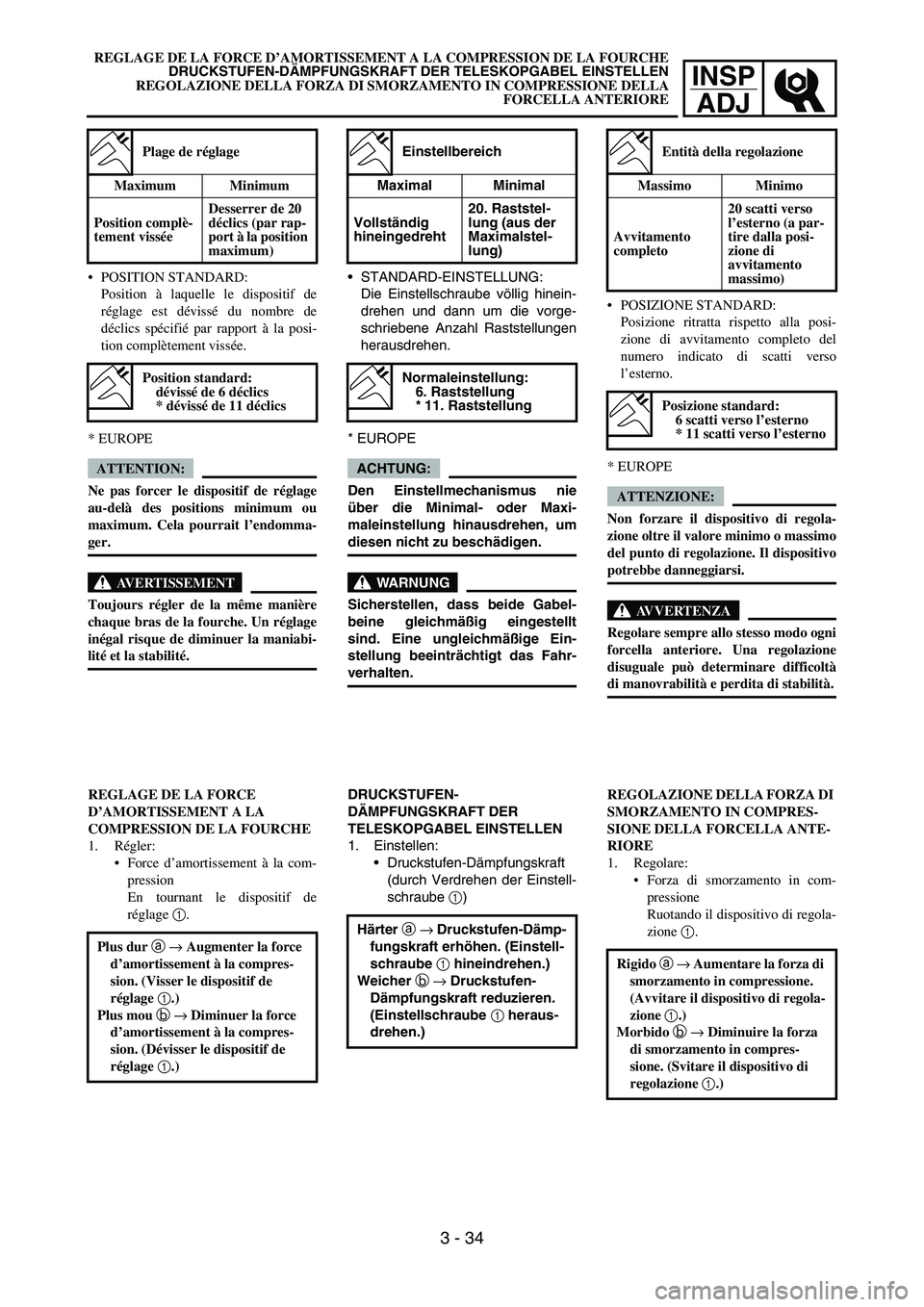 YAMAHA YZ250F 2007 Notices Demploi (in French) INSP
ADJ
STANDARD-EINSTELLUNG:
Die Einstellschraube völlig hinein-
drehen und dann um die vorge-
schriebene Anzahl Raststellungen
herausdrehen.
* EUROPE
ACHTUNG:
Den Einstellmechanismus nie
über di YAMAHA YZ250F 2007 Notices Demploi (in French) INSP
ADJ
STANDARD-EINSTELLUNG:
Die Einstellschraube völlig hinein-
drehen und dann um die vorge-
schriebene Anzahl Raststellungen
herausdrehen.
* EUROPE
ACHTUNG:
Den Einstellmechanismus nie
über di