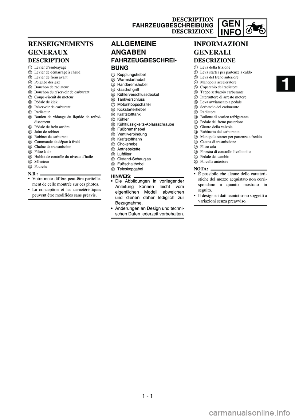 YAMAHA YZ250F 2007  Notices Demploi (in French) GEN
INFO
ALLGEMEINE 
ANGABEN
FAHRZEUGBESCHREI-
BUNG
1Kupplungshebel
2Warmstarthebel
3Handbremshebel
4Gasdrehgriff
5Kühlerverschlussdeckel
6Tankverschluss
7Motorstoppschalter
8Kickstarterhebel
9Krafts