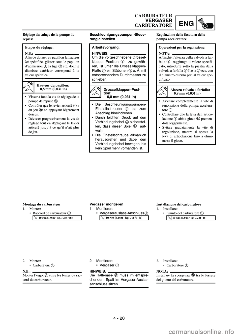 YAMAHA YZ250F 2007 Notices Demploi (in French) ENG
4 - 20
Beschleunigungspumpen-Steue-
rung einstellen
Arbeitsvorgang:
HINWEIS:
Um die vorgeschriebene Drossel-
klappen-Position
a zu gewäh-
ren, ist unter die Drosselklappen-
Platte
1 ein Stäbch YAMAHA YZ250F 2007 Notices Demploi (in French) ENG
4 - 20
Beschleunigungspumpen-Steue-
rung einstellen
Arbeitsvorgang:
HINWEIS:
Um die vorgeschriebene Drossel-
klappen-Position
a zu gewäh-
ren, ist unter die Drosselklappen-
Platte
1 ein Stäbch