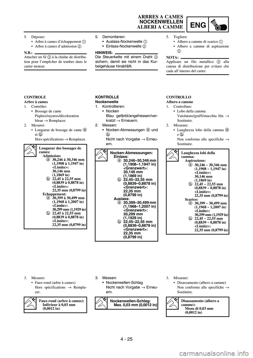 YAMAHA YZ250F 2007 Notices Demploi (in French) ENG
4 - 25
5. Demontieren:
• Auslass-Nockenwelle
1
Einlass-Nockenwelle
2
HINWEIS:
Die Steuerkette mit einem Draht
3
sichern, damit sie nicht in das Kur-
belgehäuse hinabfällt.
KONTROLLE
Noc YAMAHA YZ250F 2007 Notices Demploi (in French) ENG
4 - 25
5. Demontieren:
• Auslass-Nockenwelle
1
Einlass-Nockenwelle
2
HINWEIS:
Die Steuerkette mit einem Draht
3
sichern, damit sie nicht in das Kur-
belgehäuse hinabfällt.
KONTROLLE
Noc