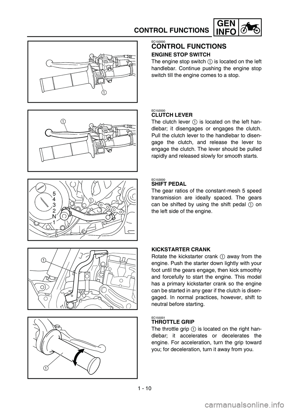 YAMAHA YZ250F 2007 Service Manual 1 - 10
GEN
INFO
CONTROL FUNCTIONS
EC150000
CONTROL FUNCTIONS
ENGINE STOP SWITCH
The engine stop switch 1 is located on the left
handlebar. Continue pushing the engine stop
switch till the engine comes YAMAHA YZ250F 2007 Service Manual 1 - 10
GEN
INFO
CONTROL FUNCTIONS
EC150000
CONTROL FUNCTIONS
ENGINE STOP SWITCH
The engine stop switch 1 is located on the left
handlebar. Continue pushing the engine stop
switch till the engine comes
